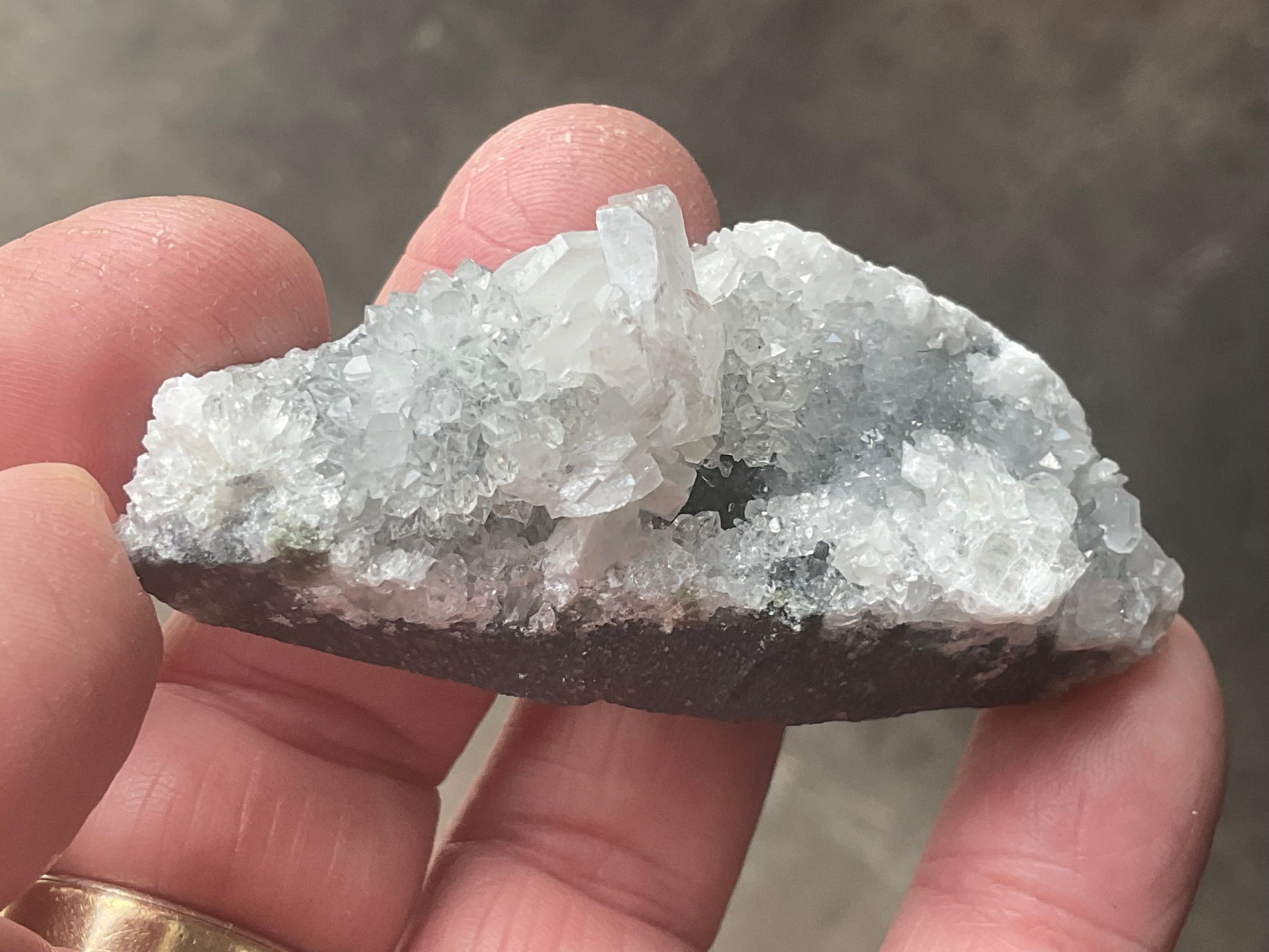 42g Hexagonal Calcite on Quartz/Chalcedony on Druzy Quartz Matrix Specimen 1A from Fujian, China