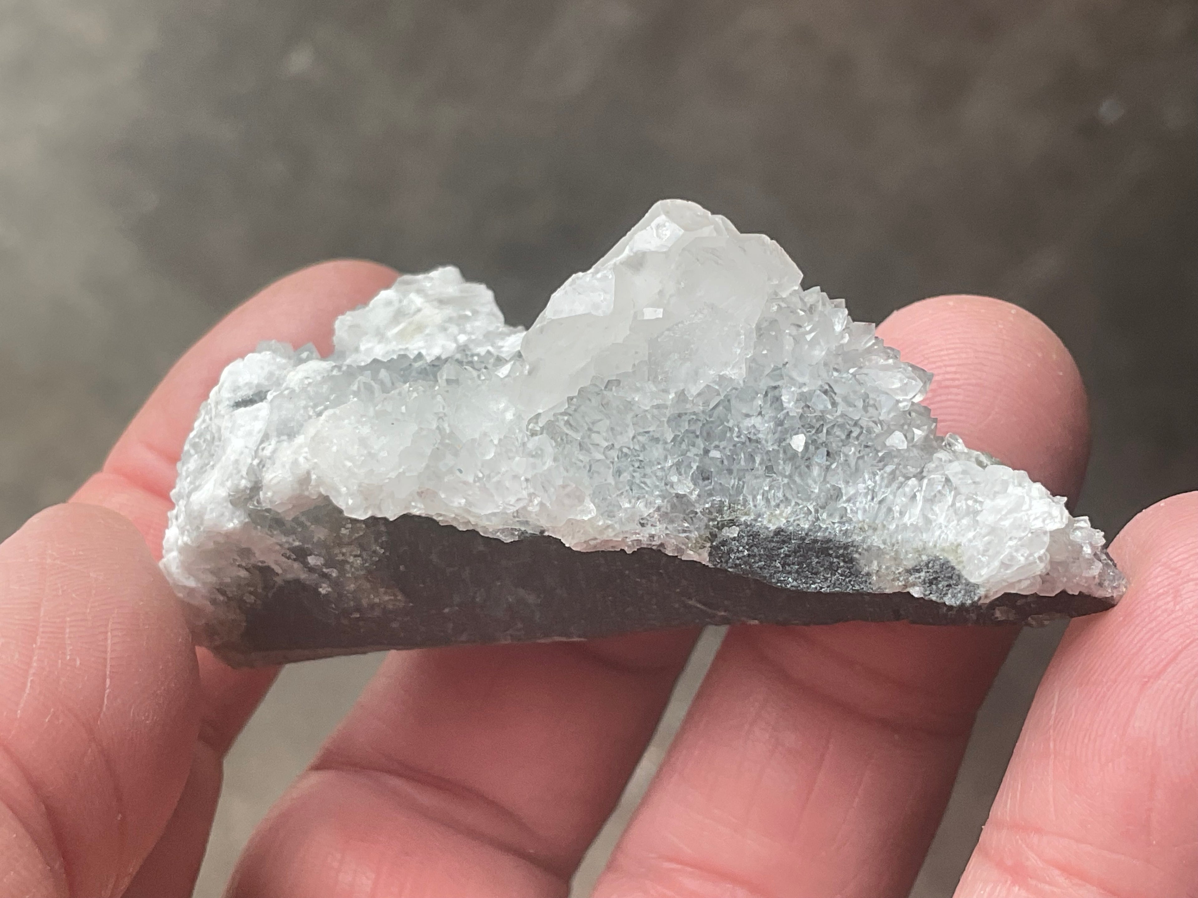 42g Hexagonal Calcite on Quartz/Chalcedony on Druzy Quartz Matrix Specimen 1A from Fujian, China
