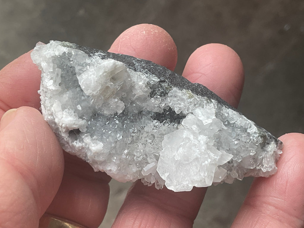 42g Hexagonal Calcite on Quartz/Chalcedony on Druzy Quartz Matrix Specimen 1A from Fujian, China