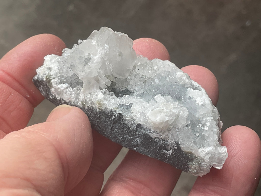 42g Hexagonal Calcite on Quartz/Chalcedony on Druzy Quartz Matrix Specimen 1A from Fujian, China