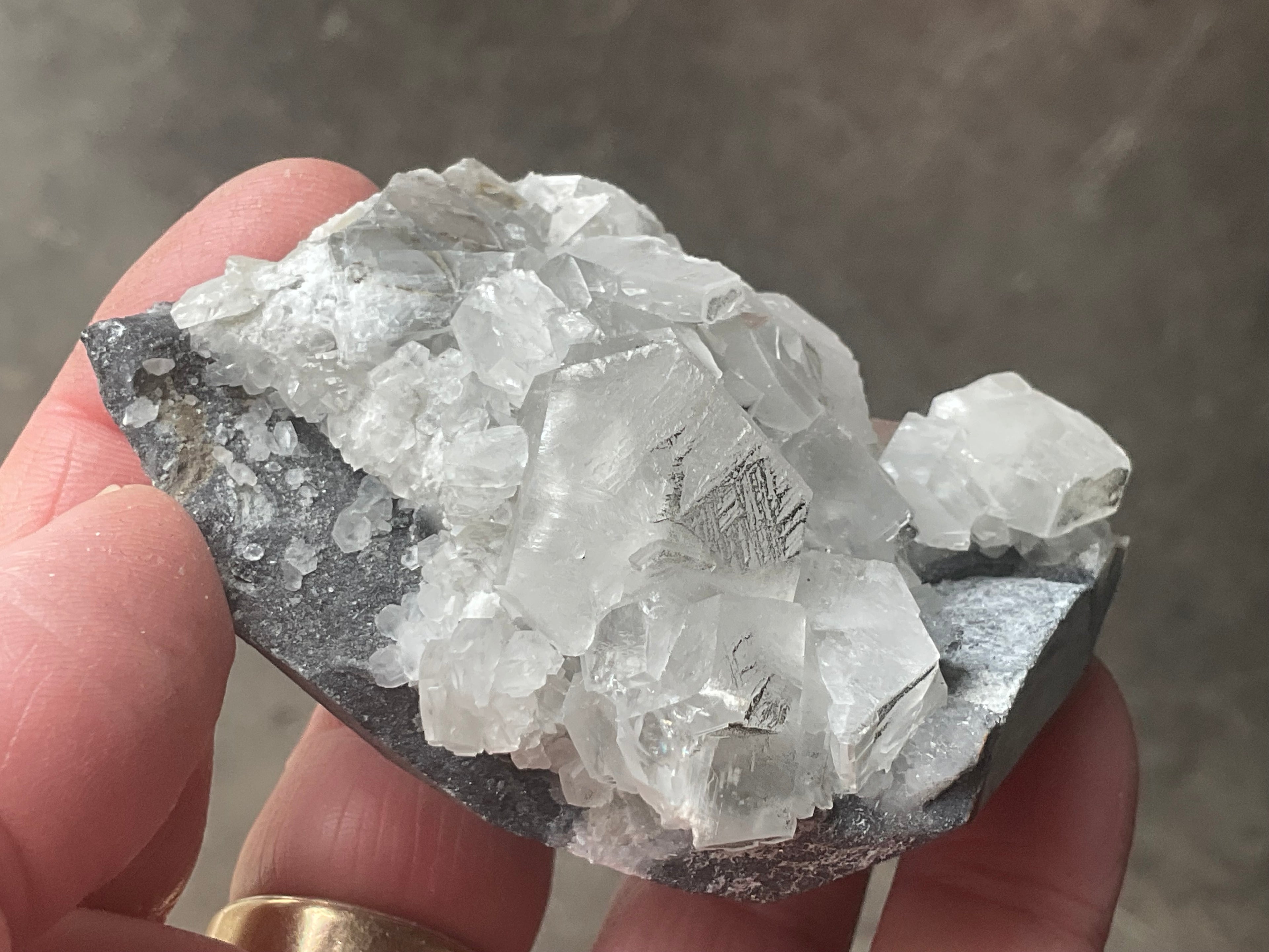 156g Hexagonal Calcite on Quartz/Chalcedony on Druzy Quartz Matrix Specimen 1C from Fujian, China