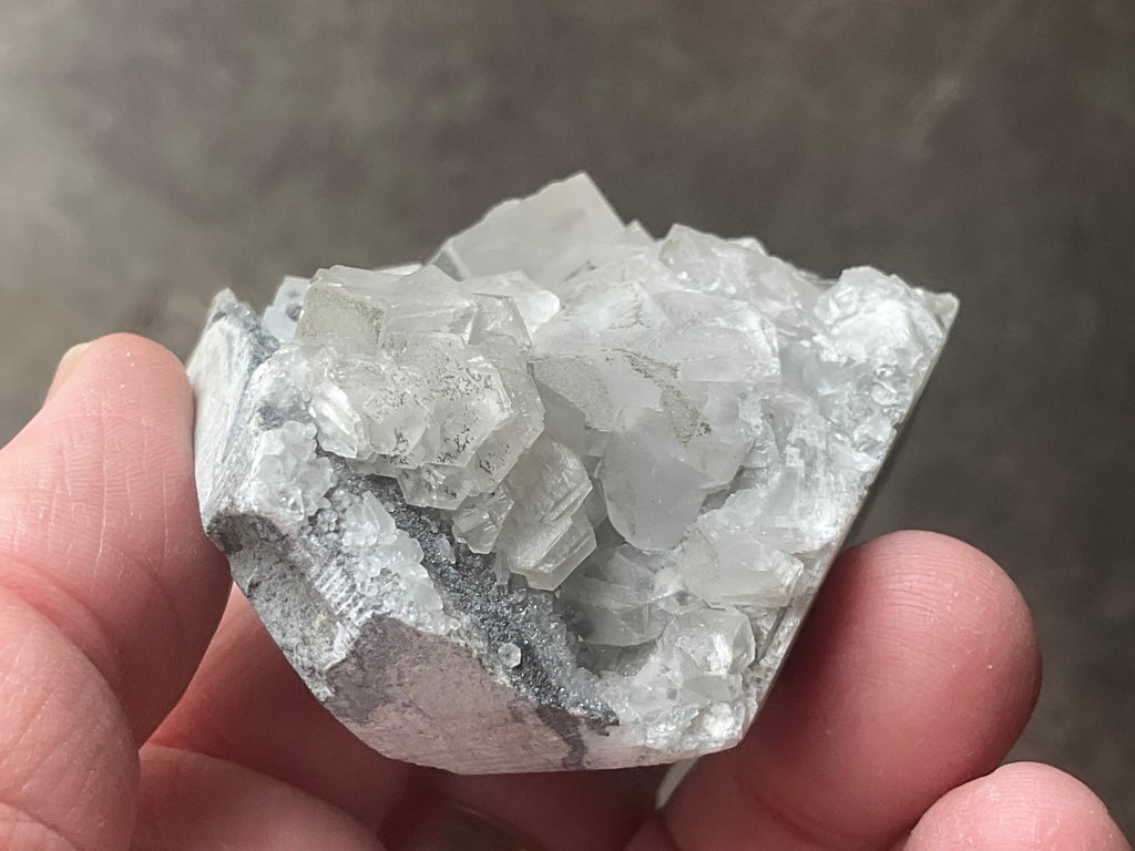156g Hexagonal Calcite on Quartz/Chalcedony on Druzy Quartz Matrix Specimen 1C from Fujian, China