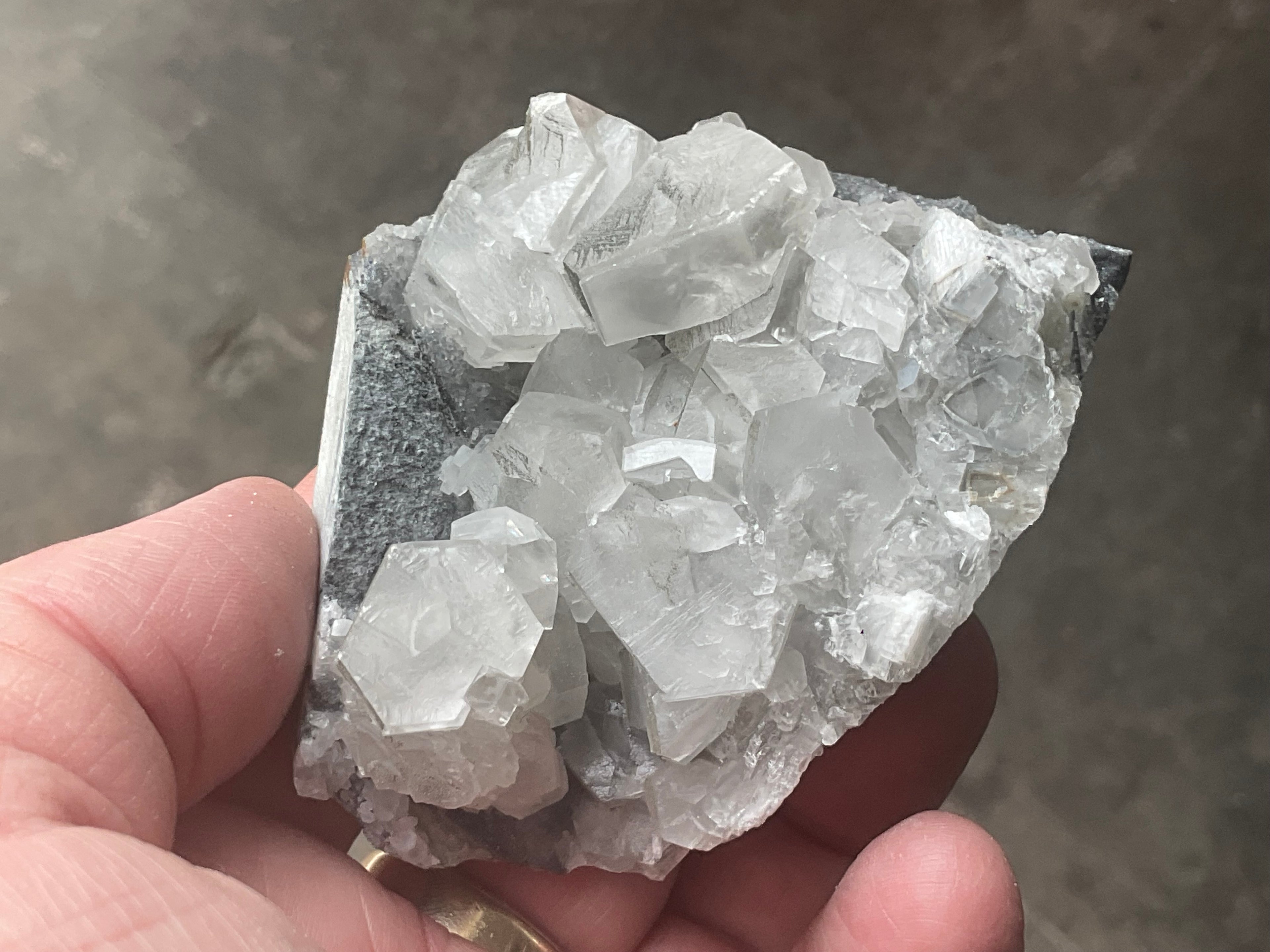 156g Hexagonal Calcite on Quartz/Chalcedony on Druzy Quartz Matrix Specimen 1C from Fujian, China