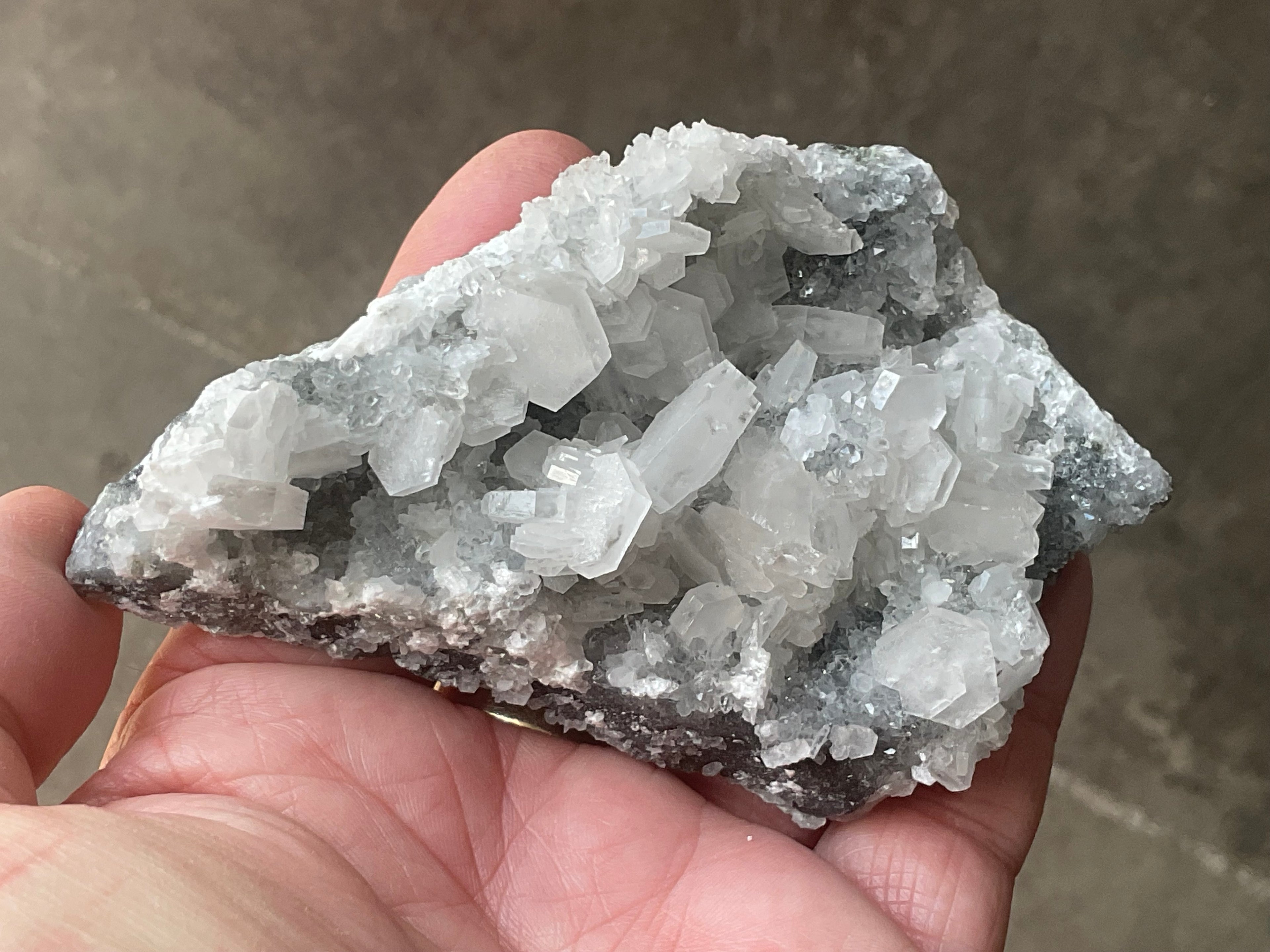 180g Hexagonal Calcite on Quartz/Chalcedony on Druzy Quartz Matrix Specimen 2A from Fujian, China