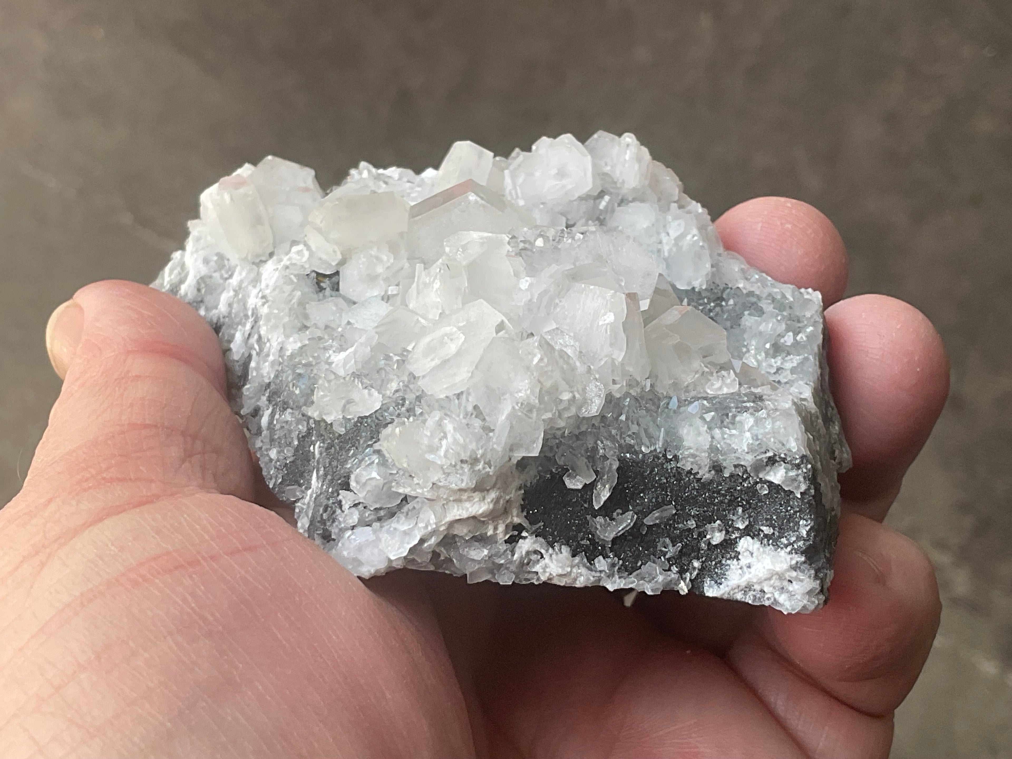 180g Hexagonal Calcite on Quartz/Chalcedony on Druzy Quartz Matrix Specimen 2A from Fujian, China