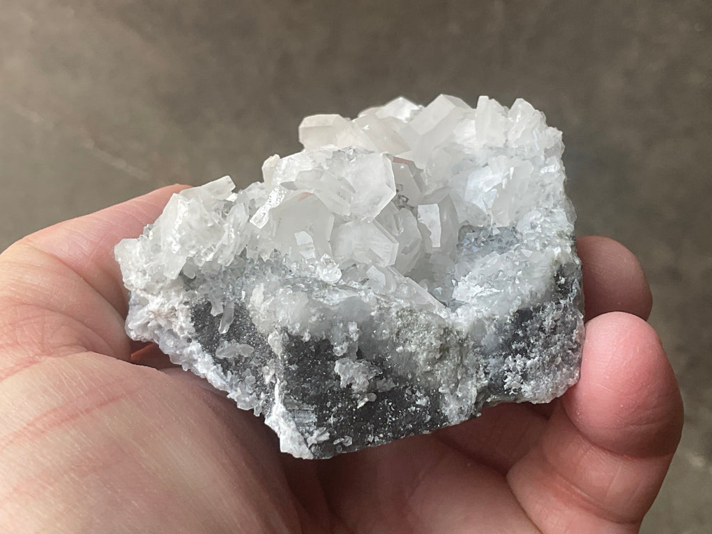 180g Hexagonal Calcite on Quartz/Chalcedony on Druzy Quartz Matrix Specimen 2A from Fujian, China
