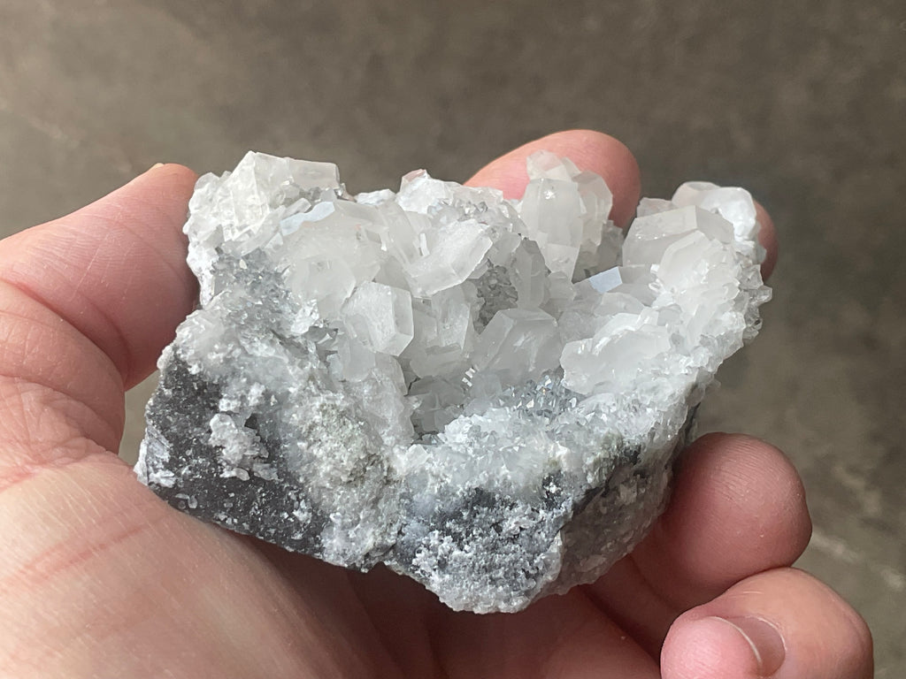 180g Hexagonal Calcite on Quartz/Chalcedony on Druzy Quartz Matrix Specimen 2A from Fujian, China