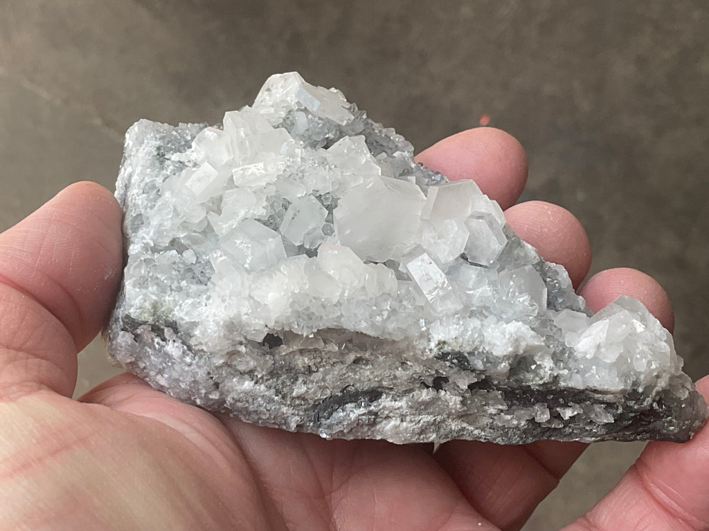 180g Hexagonal Calcite on Quartz/Chalcedony on Druzy Quartz Matrix Specimen 2A from Fujian, China
