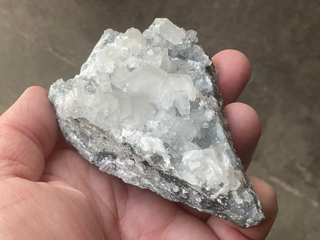 180g Hexagonal Calcite on Quartz/Chalcedony on Druzy Quartz Matrix Specimen 2A from Fujian, China