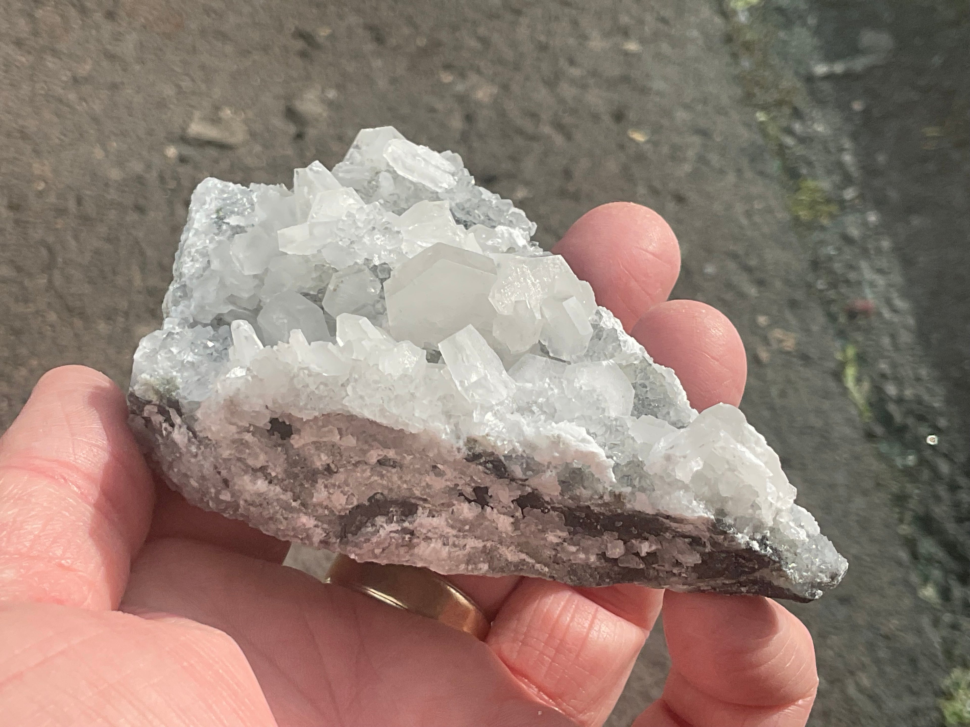 180g Hexagonal Calcite on Quartz/Chalcedony on Druzy Quartz Matrix Specimen 2A from Fujian, China