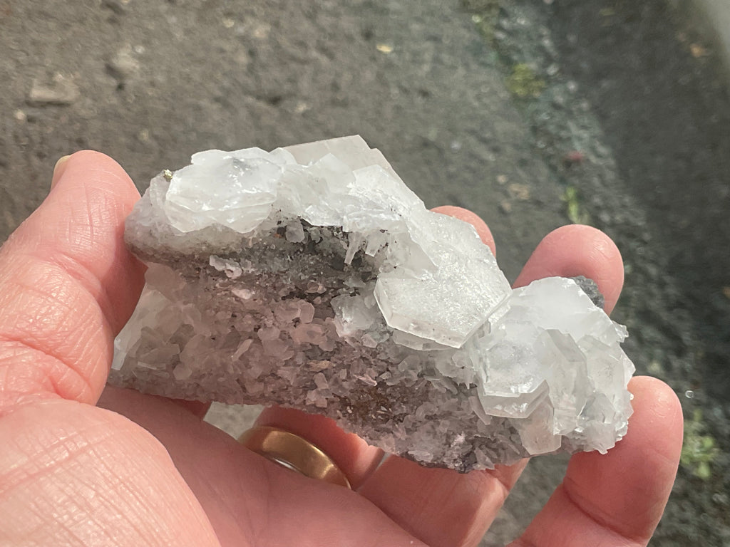 174g Hexagonal Calcite on Quartz/Chalcedony on Druzy Quartz Matrix Specimen 2B from Fujian, China