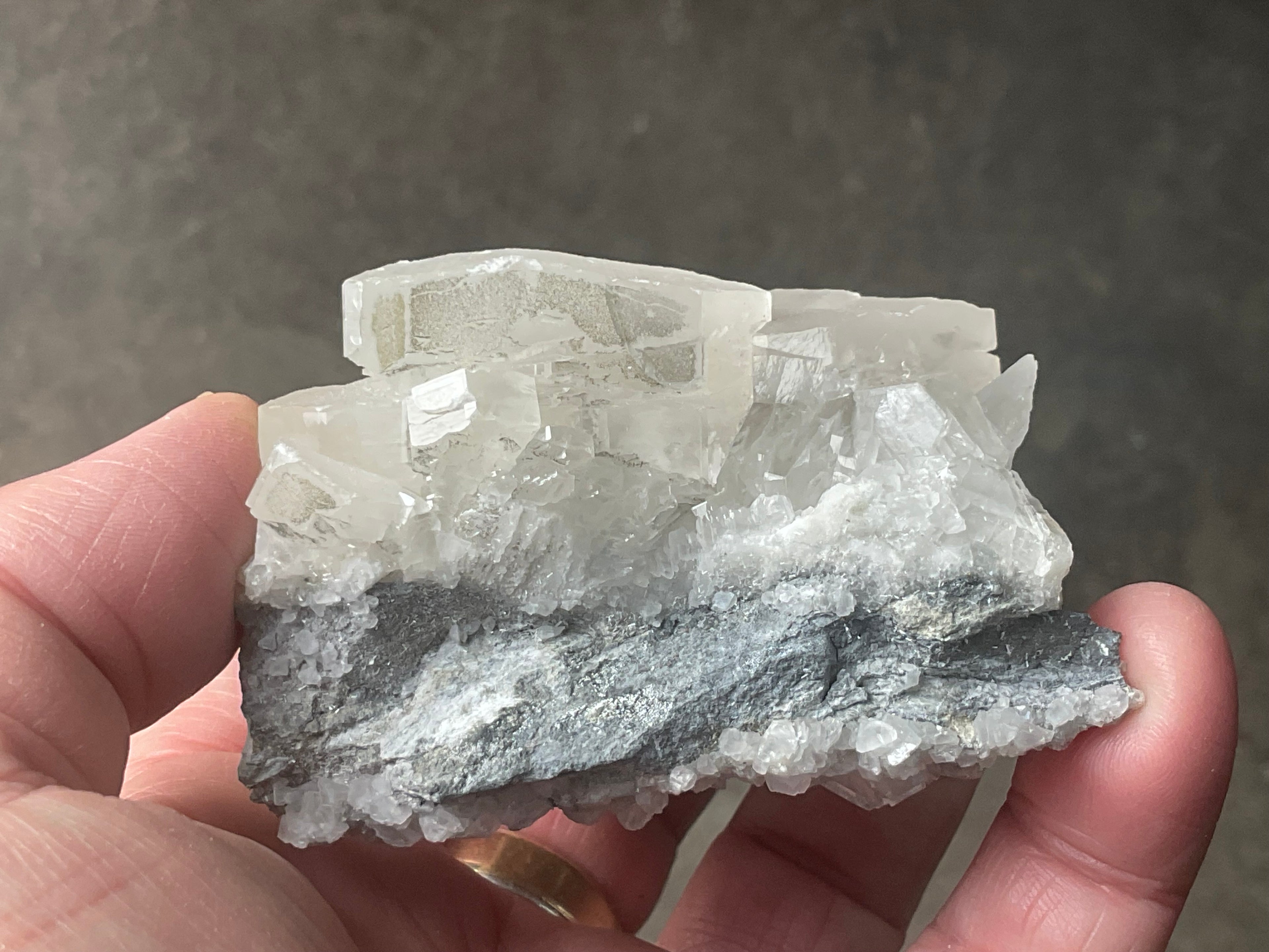 218g Hexagonal Calcite on Quartz/Chalcedony on Druzy Quartz Matrix Specimen B from Fujian, China