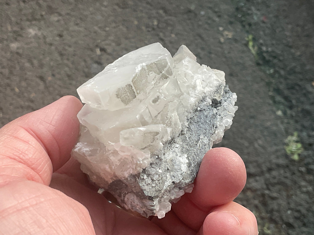 218g Hexagonal Calcite on Quartz/Chalcedony on Druzy Quartz Matrix Specimen B from Fujian, China