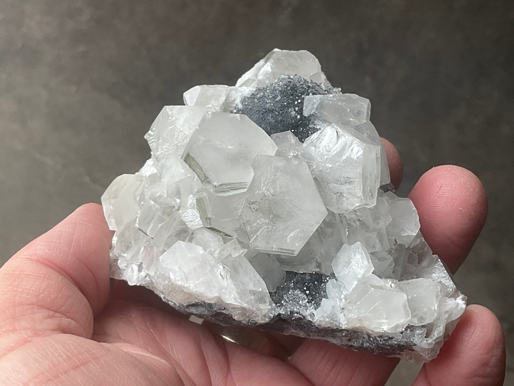 274g Hexagonal Calcite on Quartz/Chalcedony on Druzy Quartz Matrix Specimen C from Fujian, China