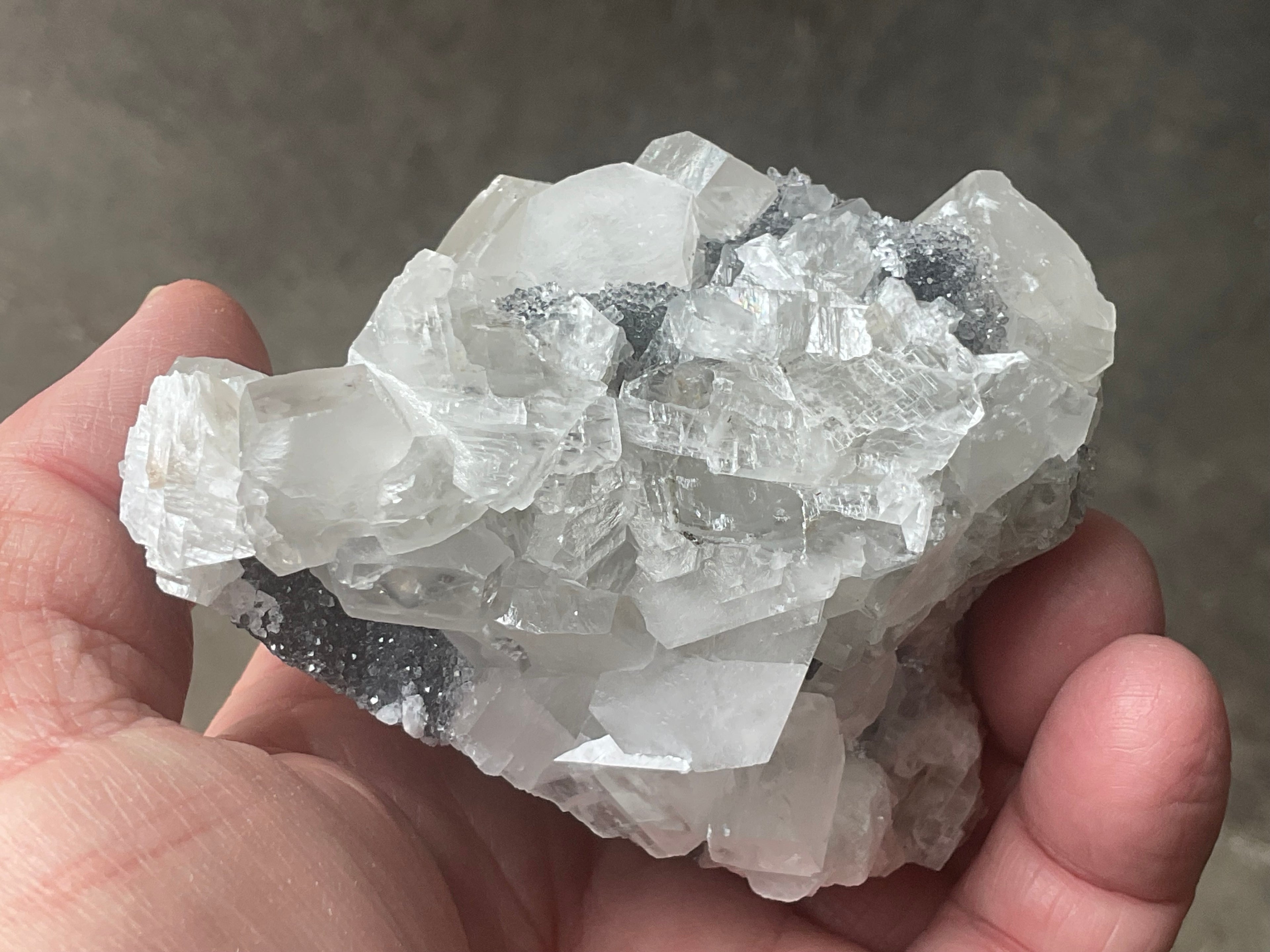 274g Hexagonal Calcite on Quartz/Chalcedony on Druzy Quartz Matrix Specimen C from Fujian, China