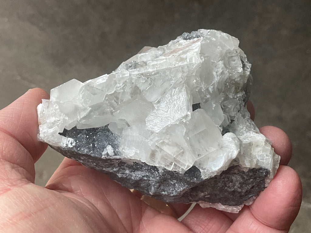 274g Hexagonal Calcite on Quartz/Chalcedony on Druzy Quartz Matrix Specimen C from Fujian, China