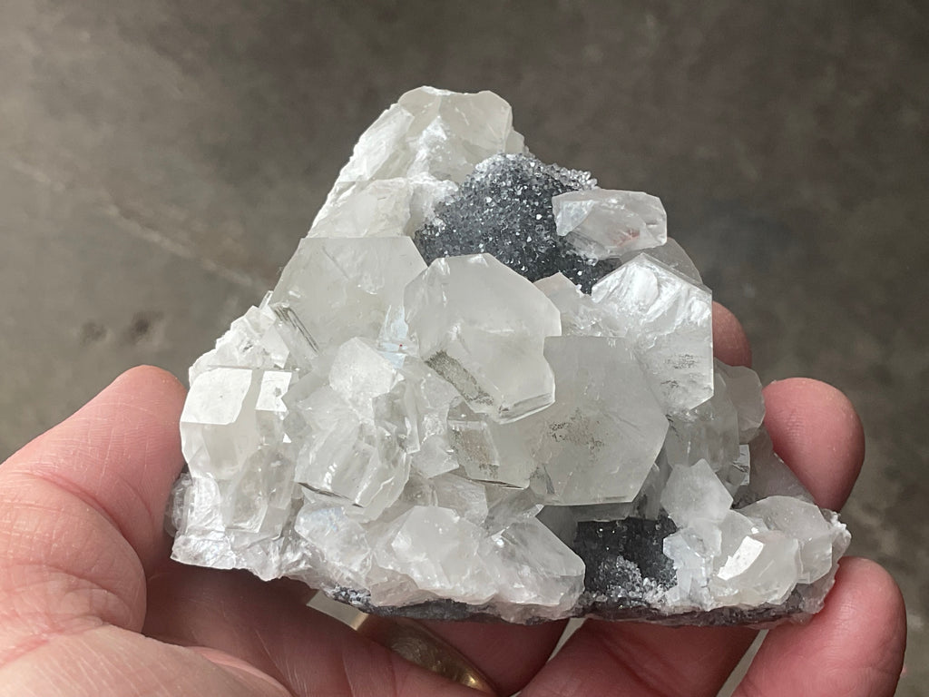 274g Hexagonal Calcite on Quartz/Chalcedony on Druzy Quartz Matrix Specimen C from Fujian, China