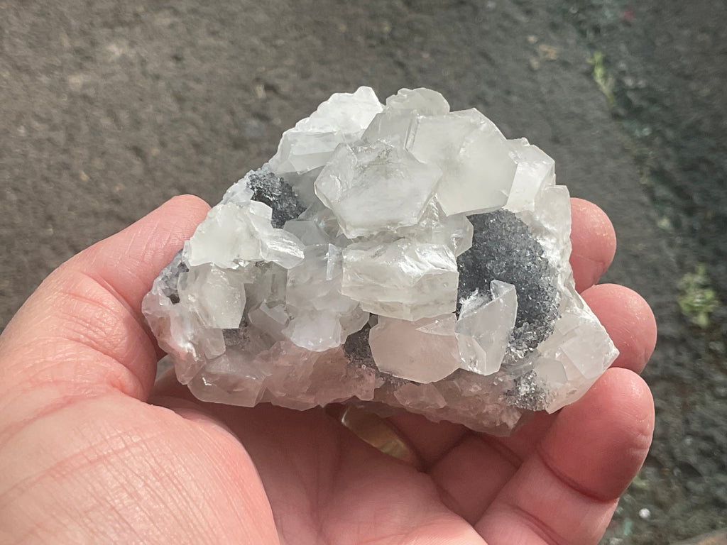 274g Hexagonal Calcite on Quartz/Chalcedony on Druzy Quartz Matrix Specimen C from Fujian, China