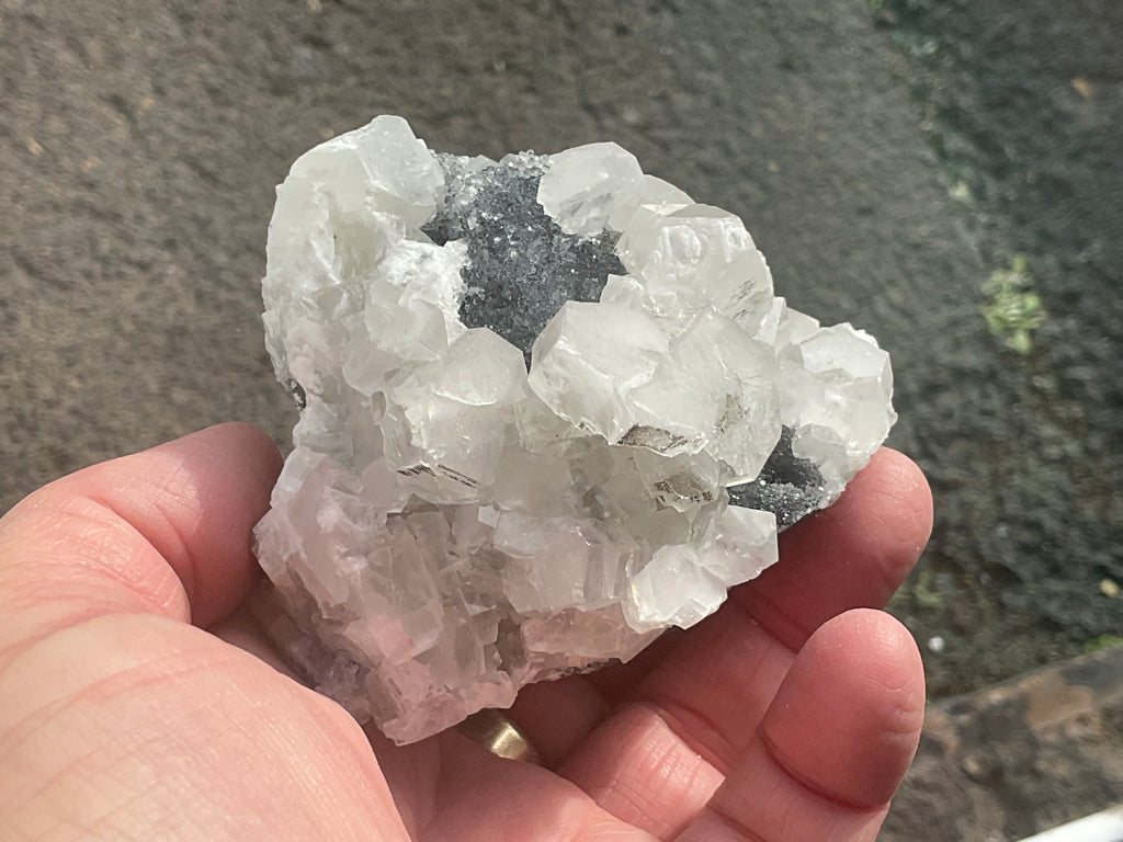 274g Hexagonal Calcite on Quartz/Chalcedony on Druzy Quartz Matrix Specimen C from Fujian, China
