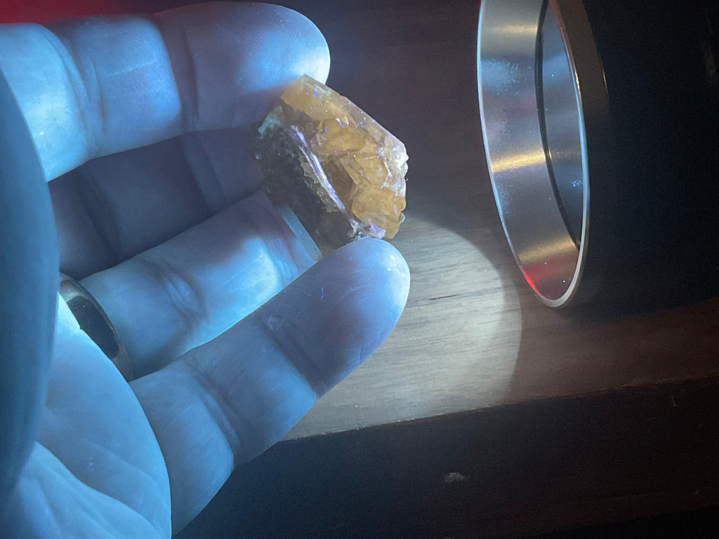 24g Tabular Golden Baryte on Botryoidal Fluorite Specimen 4B from Jiangxi