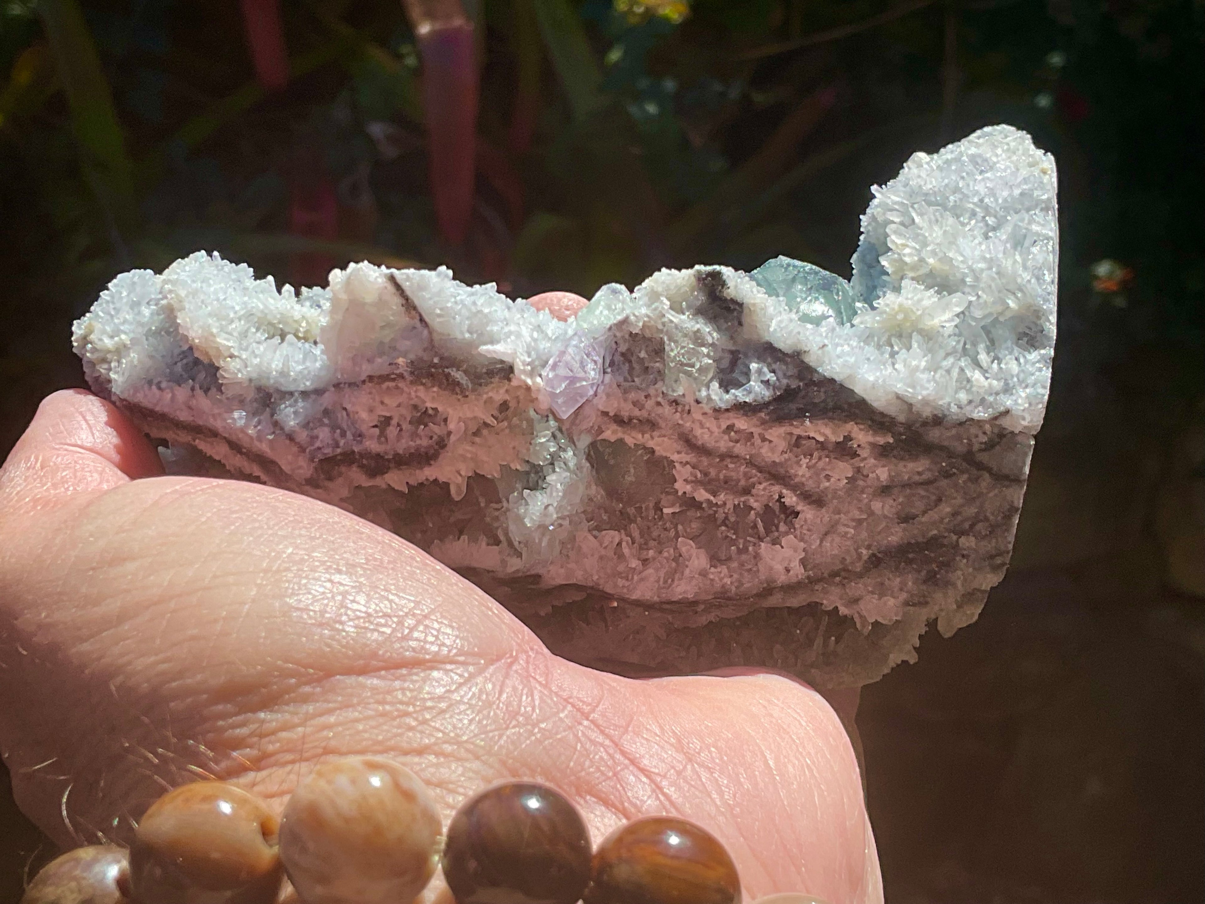 514g Green and Purple Fluorite on Druzy Quartz/Chalcedony from Fujian, China