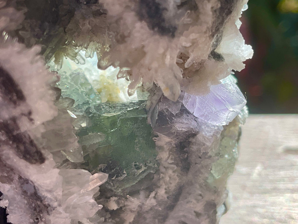514g Green and Purple Fluorite on Druzy Quartz/Chalcedony from Fujian, China