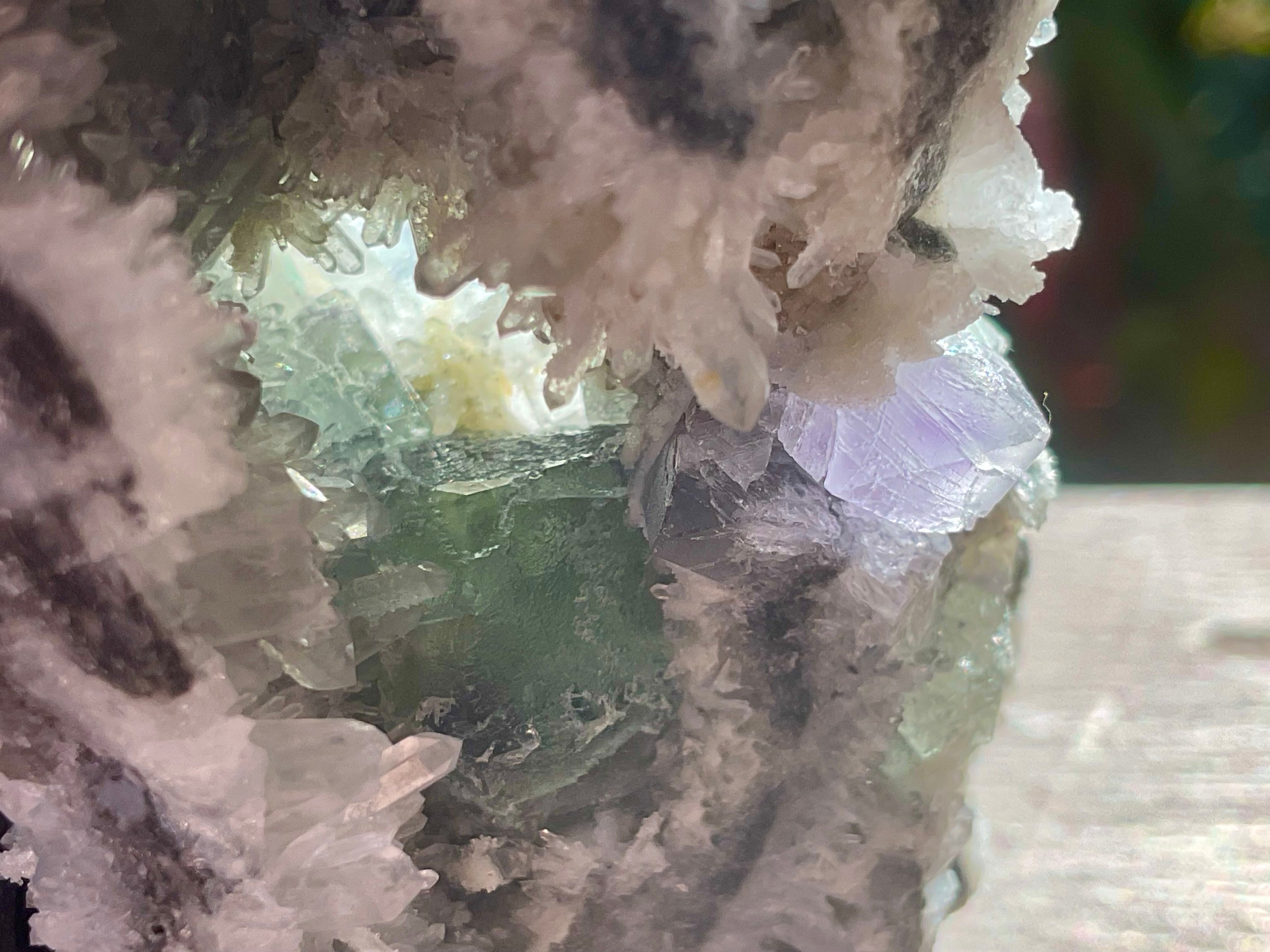 514g Green and Purple Fluorite on Druzy Quartz/Chalcedony from Fujian, China