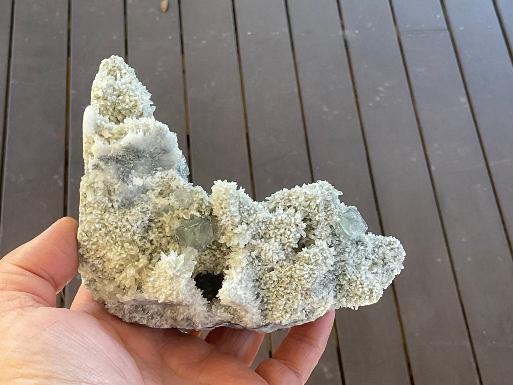 514g Green and Purple Fluorite on Druzy Quartz/Chalcedony from Fujian, China