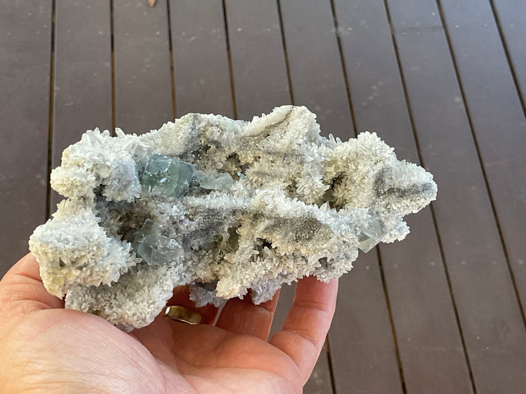 514g Green and Purple Fluorite on Druzy Quartz/Chalcedony from Fujian, China