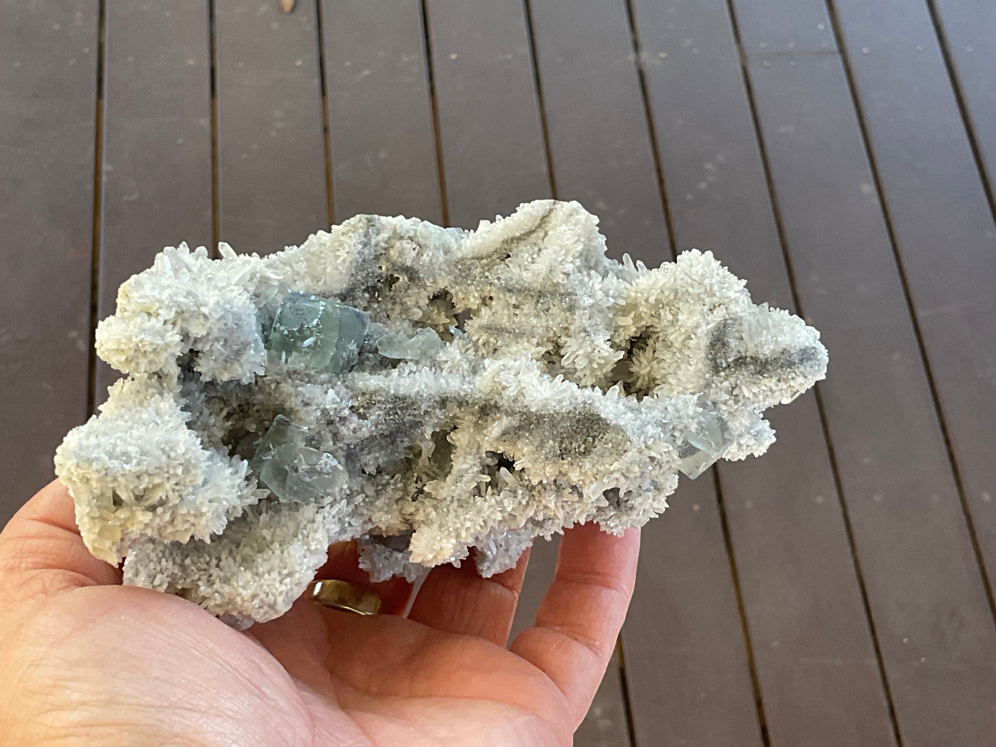 514g Green and Purple Fluorite on Druzy Quartz/Chalcedony from Fujian, China