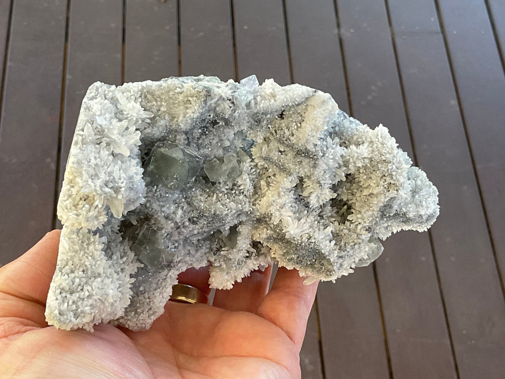514g Green and Purple Fluorite on Druzy Quartz/Chalcedony from Fujian, China