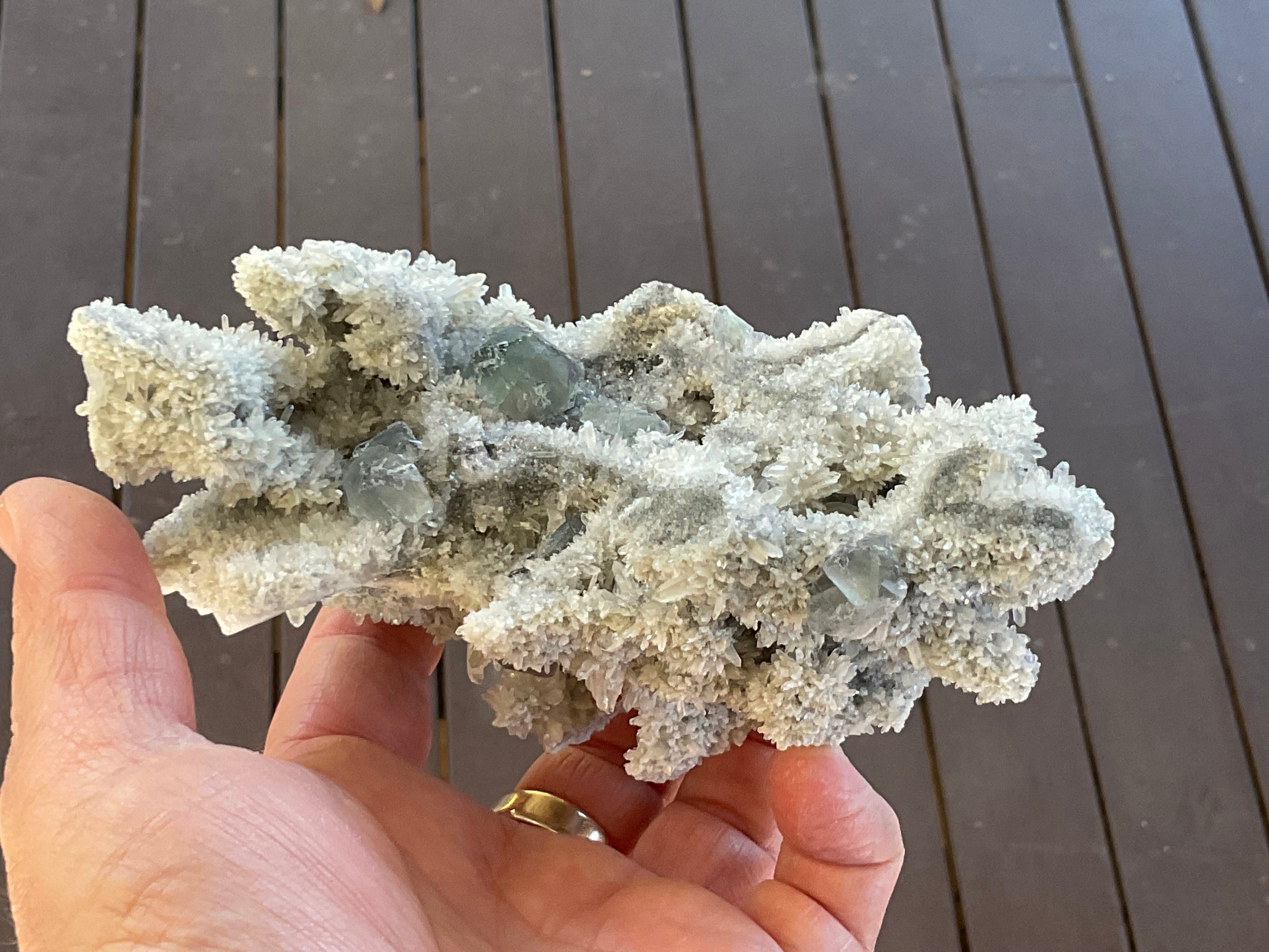 514g Green and Purple Fluorite on Druzy Quartz/Chalcedony from Fujian, China