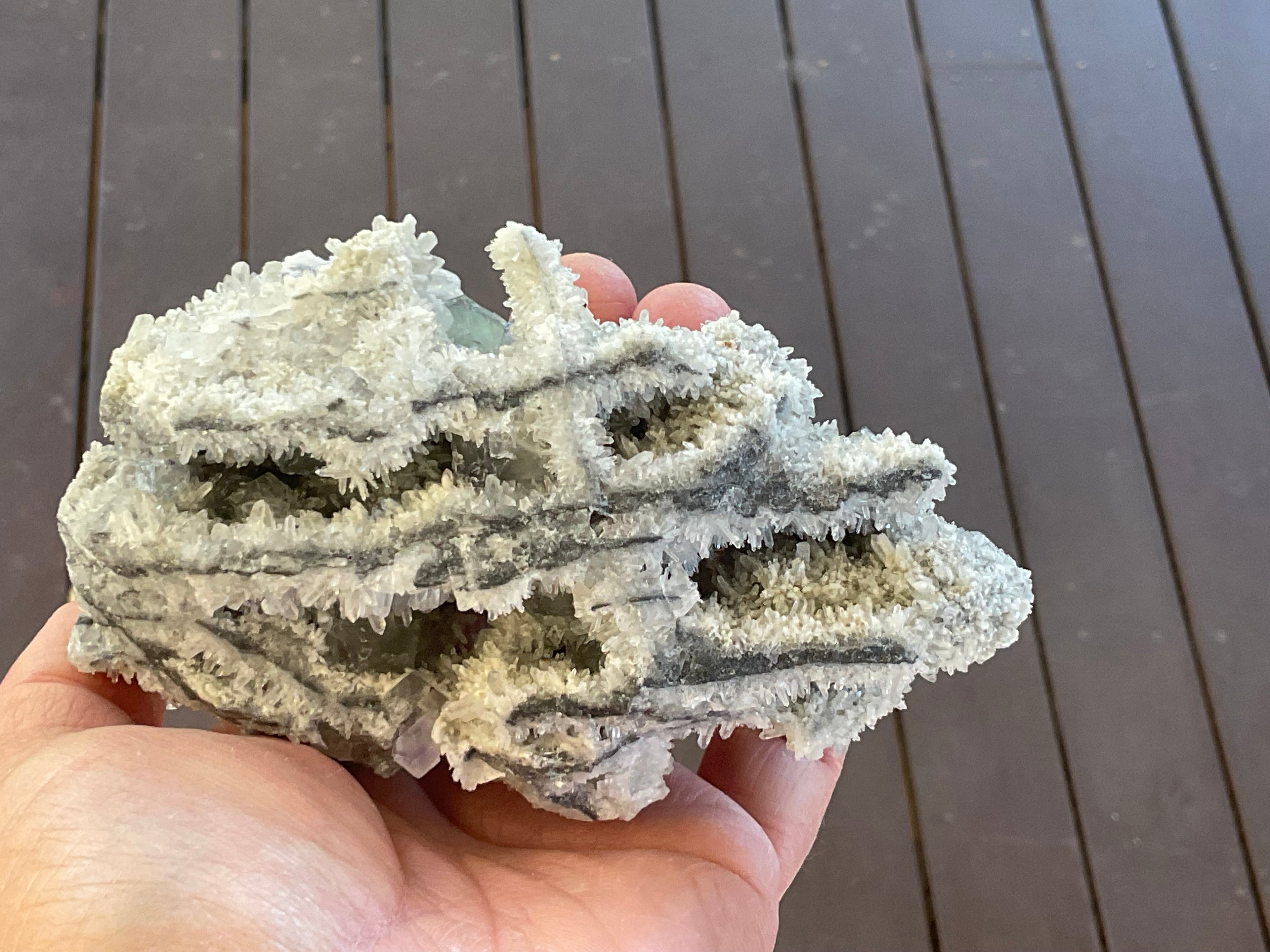 514g Green and Purple Fluorite on Druzy Quartz/Chalcedony from Fujian, China