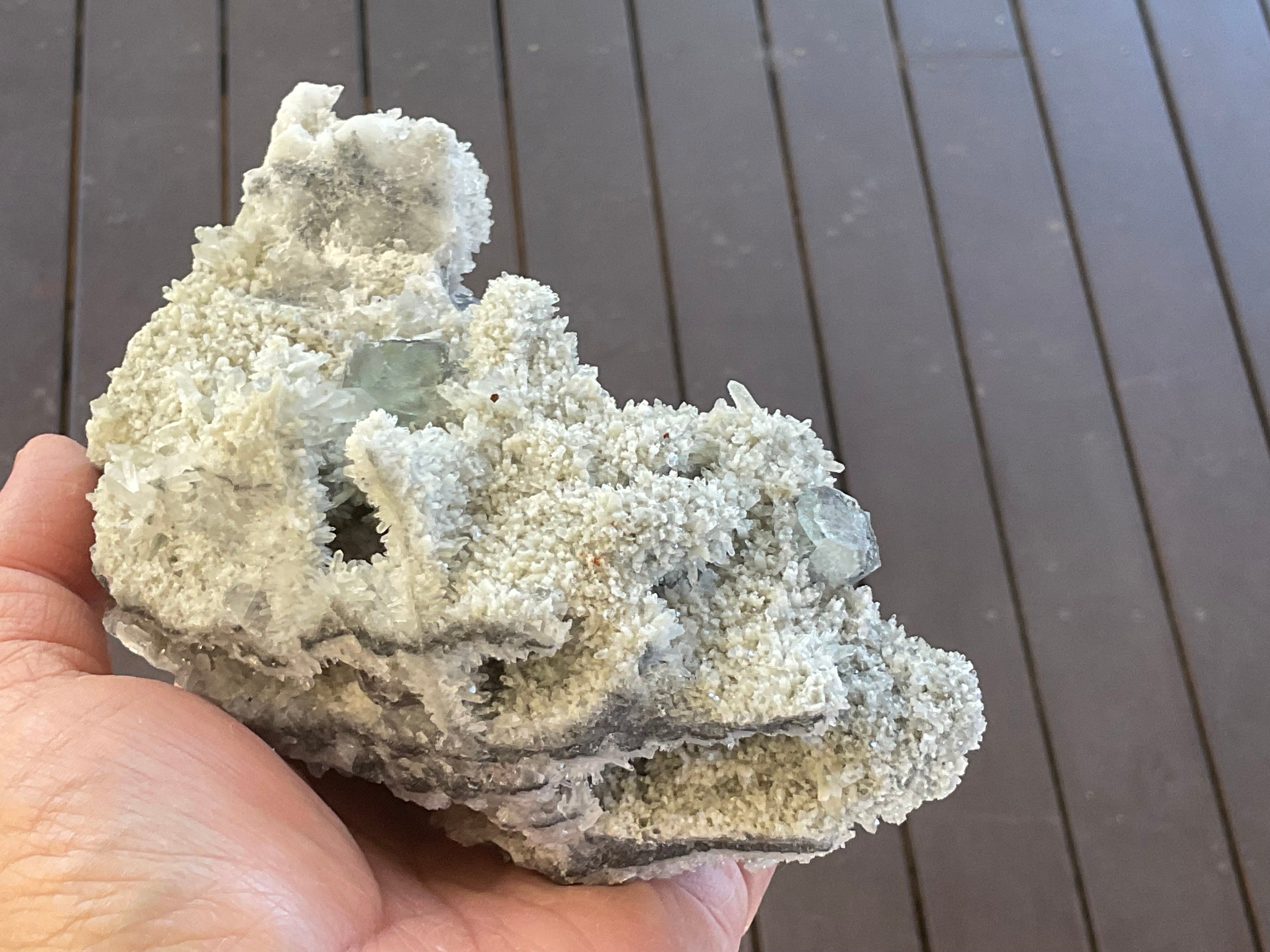 514g Green and Purple Fluorite on Druzy Quartz/Chalcedony from Fujian, China