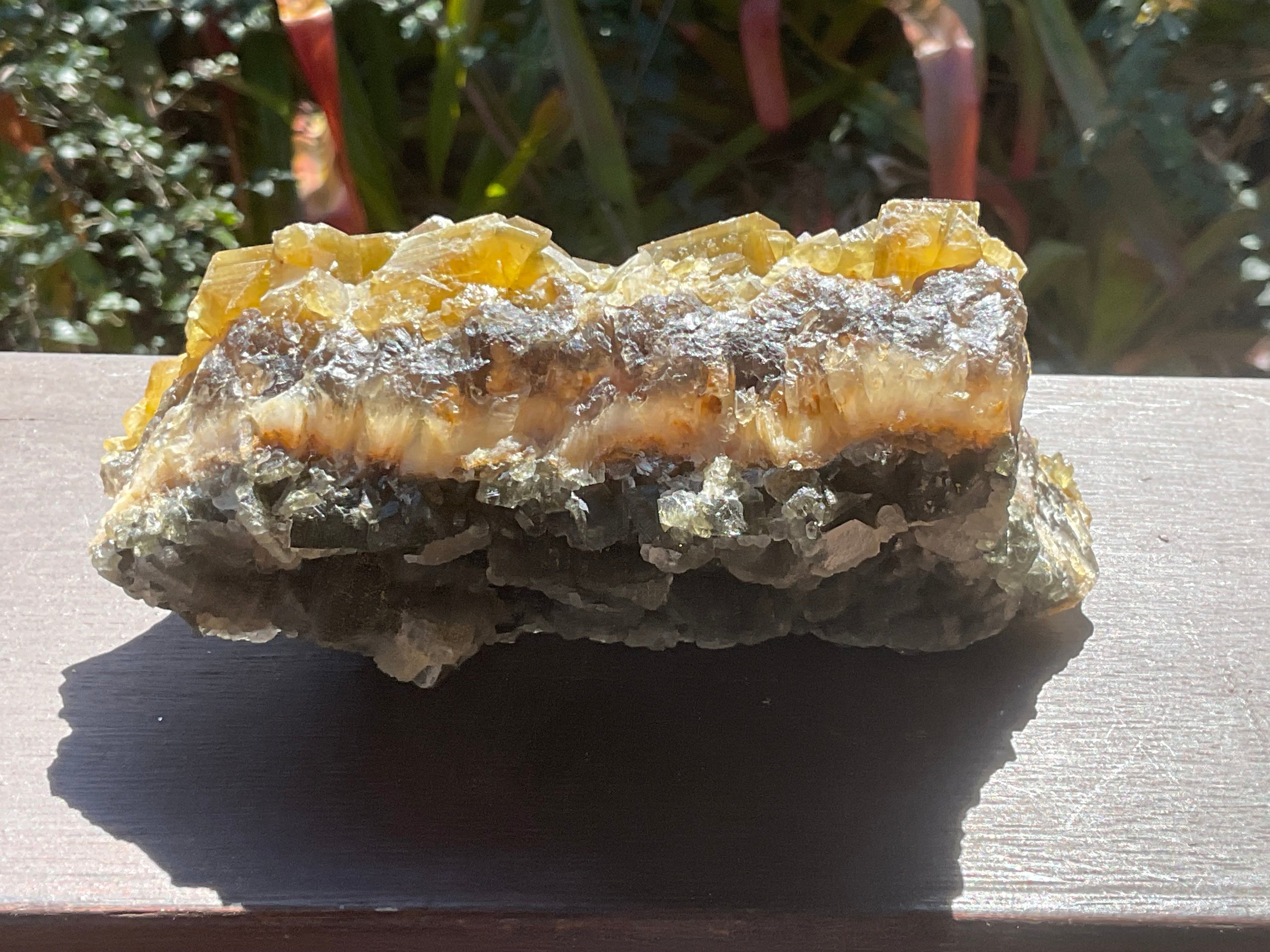 1162g Large Tabular Golden Baryte on Botryoidal Fluorite Specimen