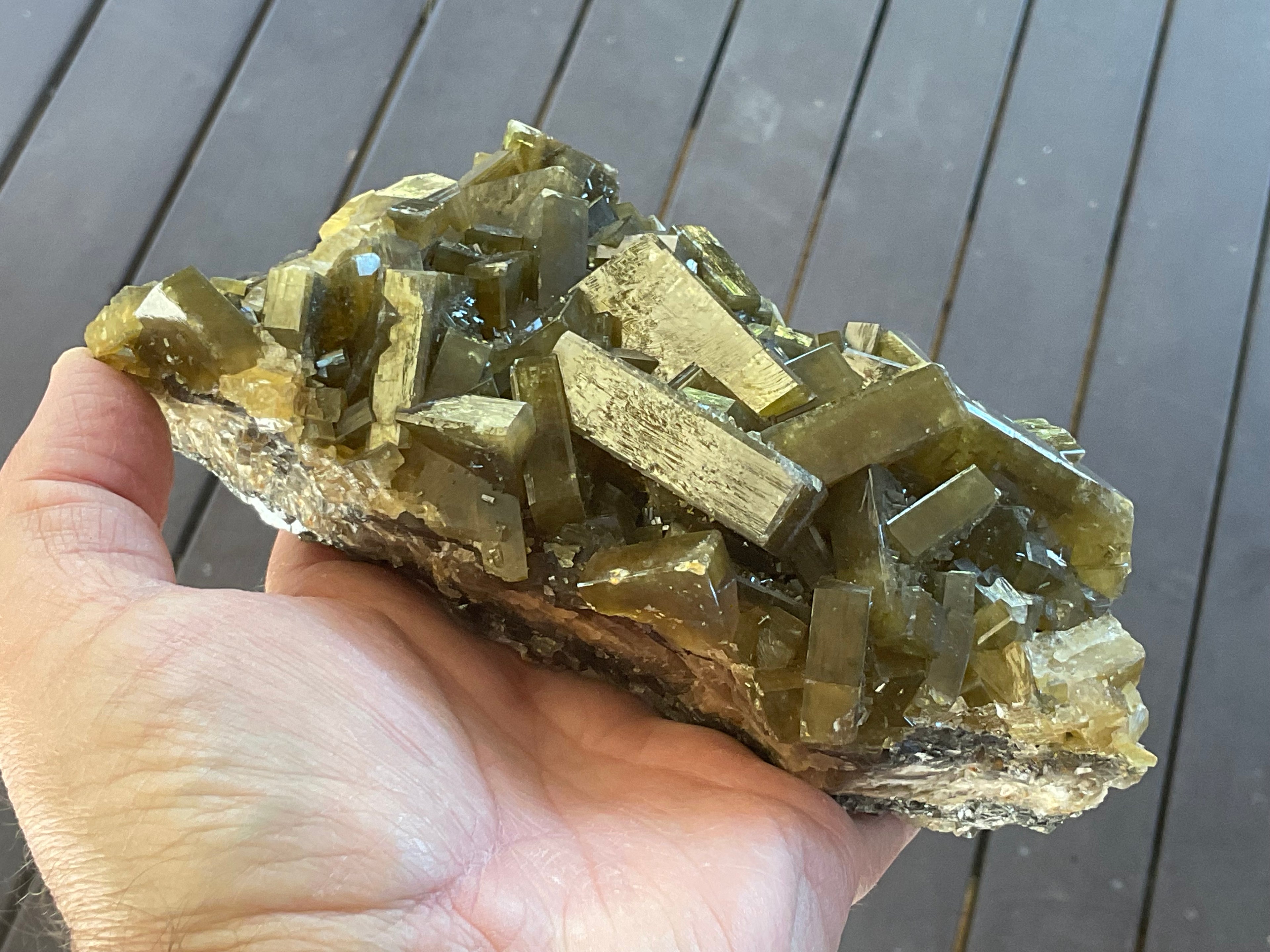 1162g Large Tabular Golden Baryte on Botryoidal Fluorite Specimen