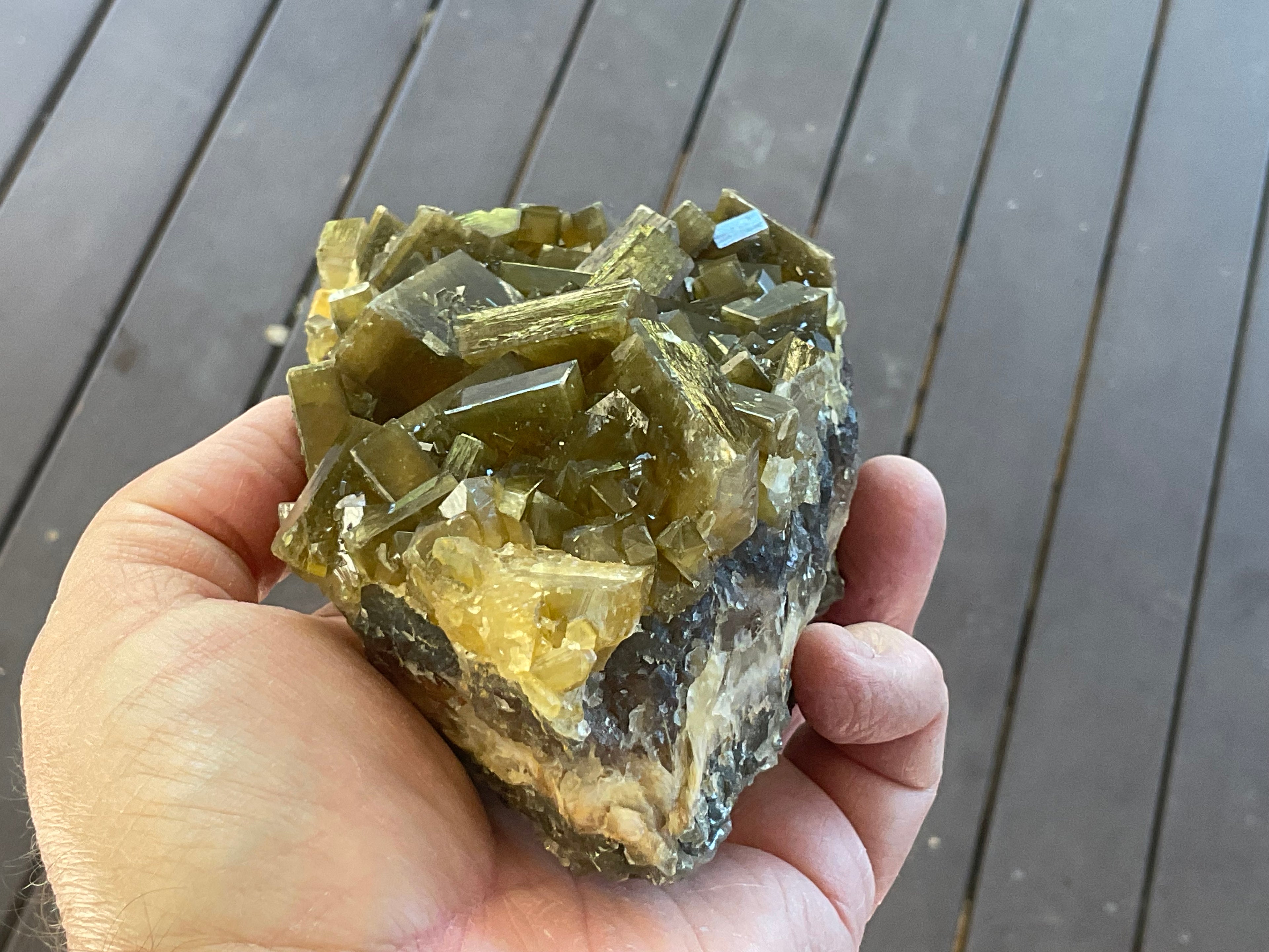 1162g Large Tabular Golden Baryte on Botryoidal Fluorite Specimen