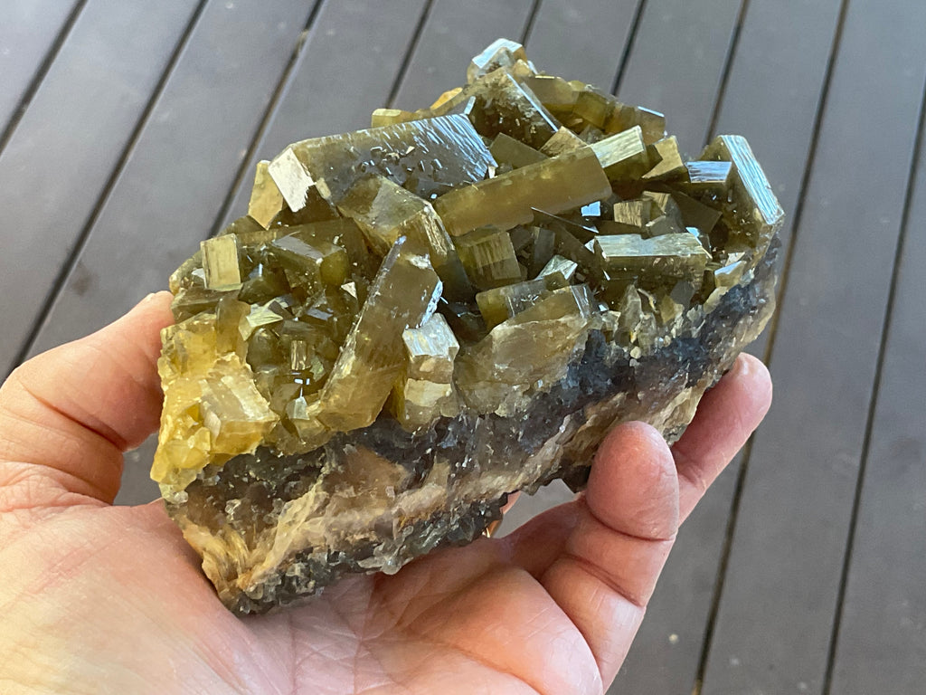 1162g Large Tabular Golden Baryte on Botryoidal Fluorite Specimen
