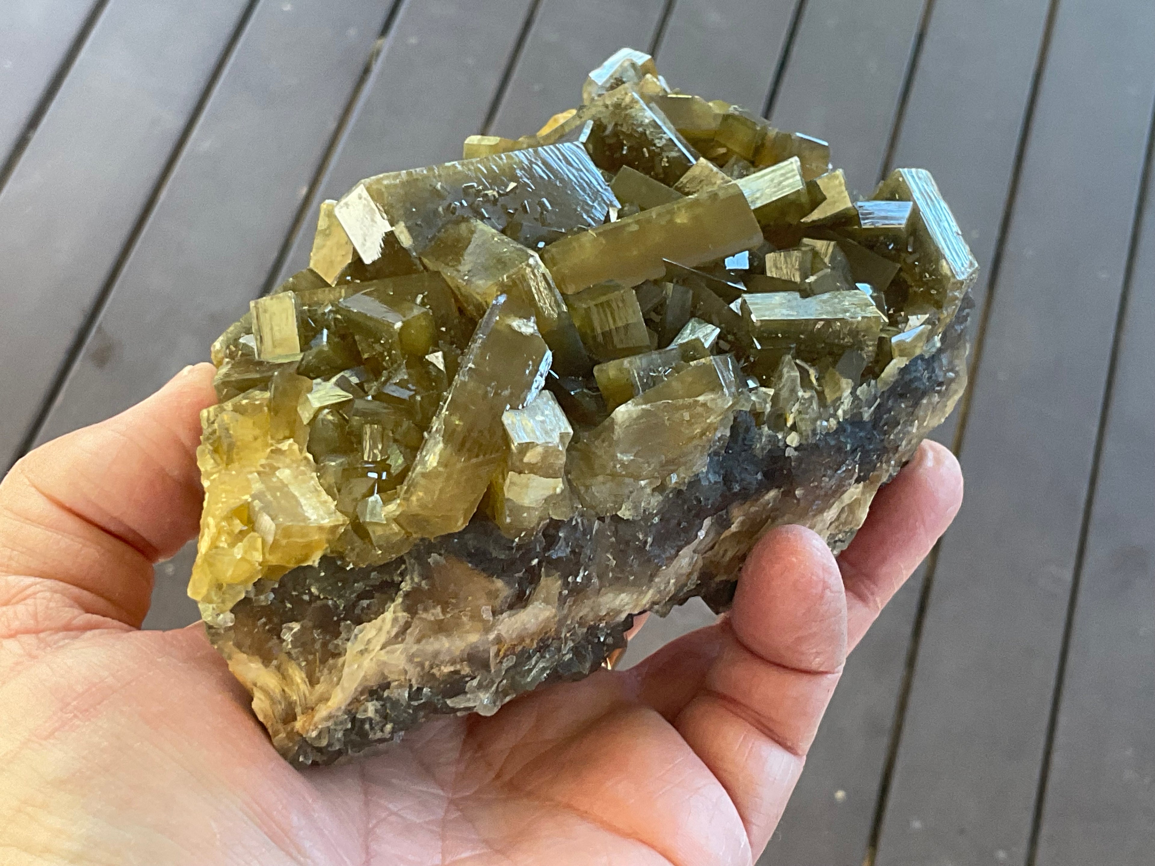 1162g Large Tabular Golden Baryte on Botryoidal Fluorite Specimen