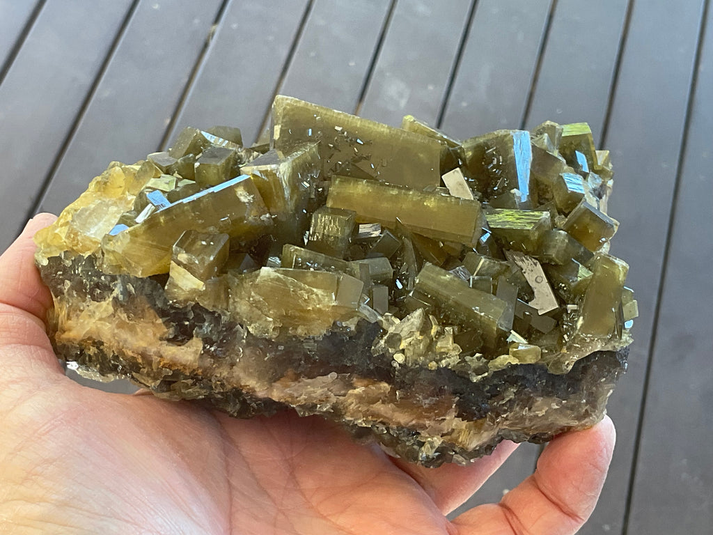 1162g Large Tabular Golden Baryte on Botryoidal Fluorite Specimen