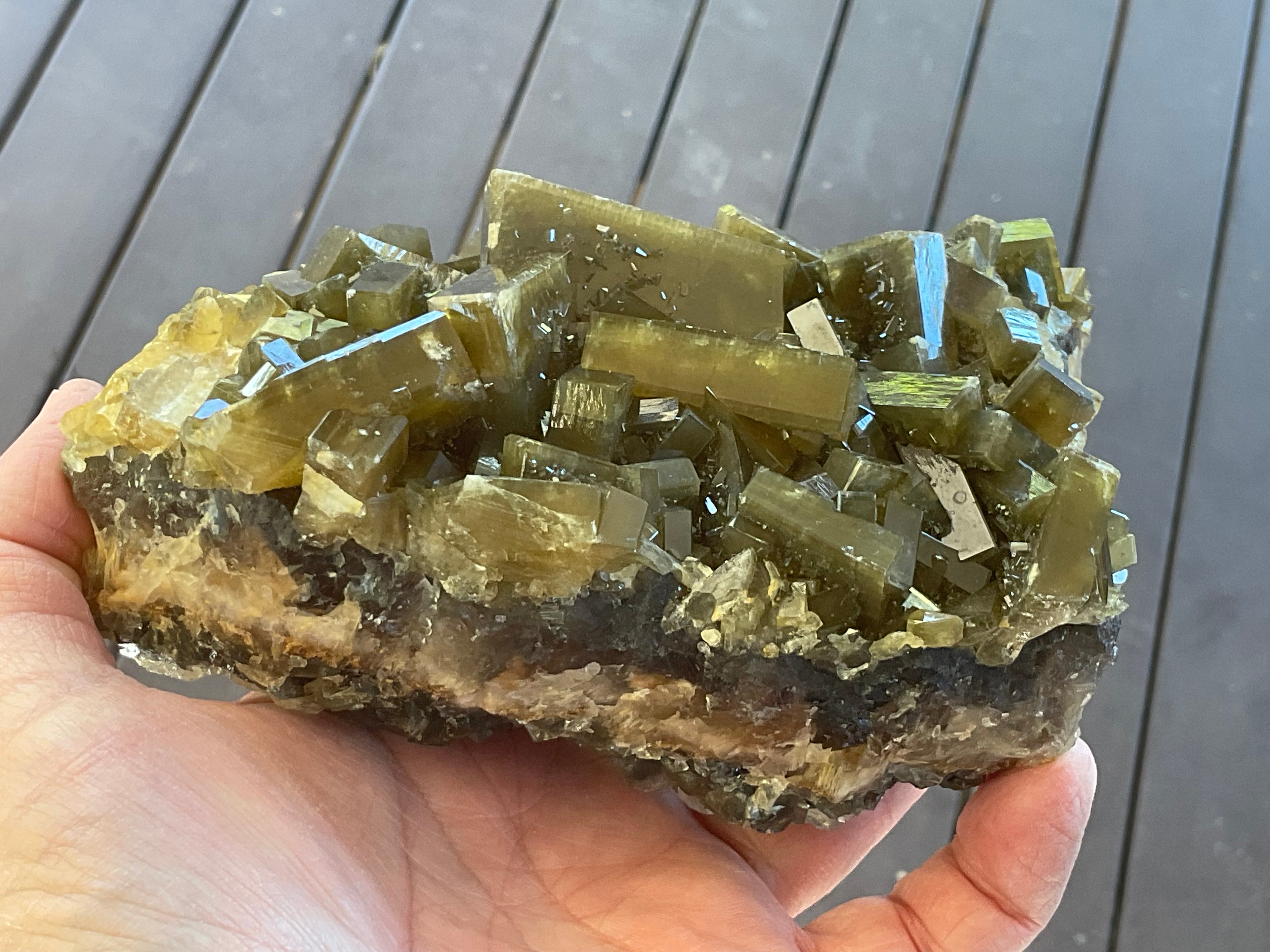 1162g Large Tabular Golden Baryte on Botryoidal Fluorite Specimen