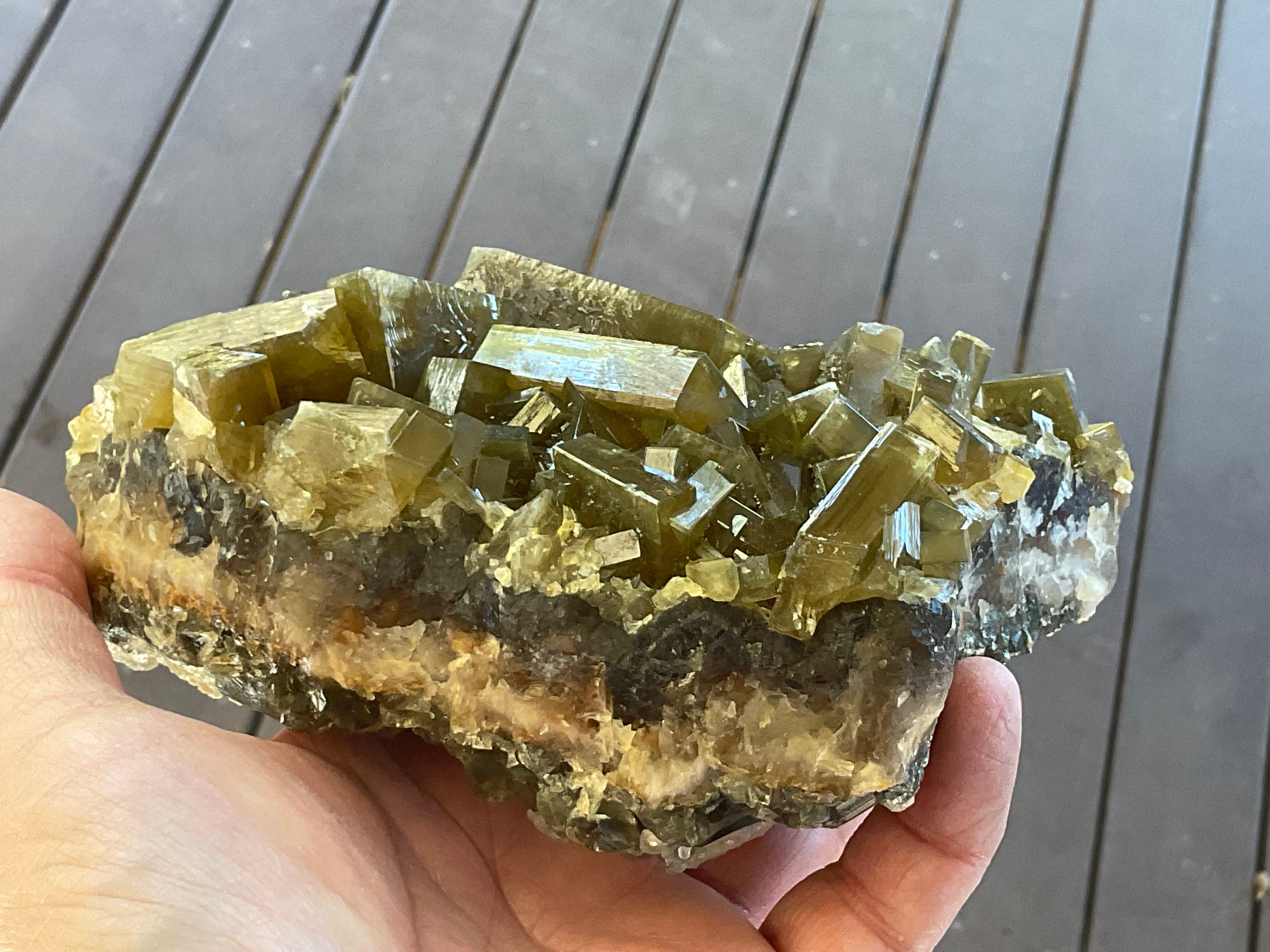 1162g Large Tabular Golden Baryte on Botryoidal Fluorite Specimen