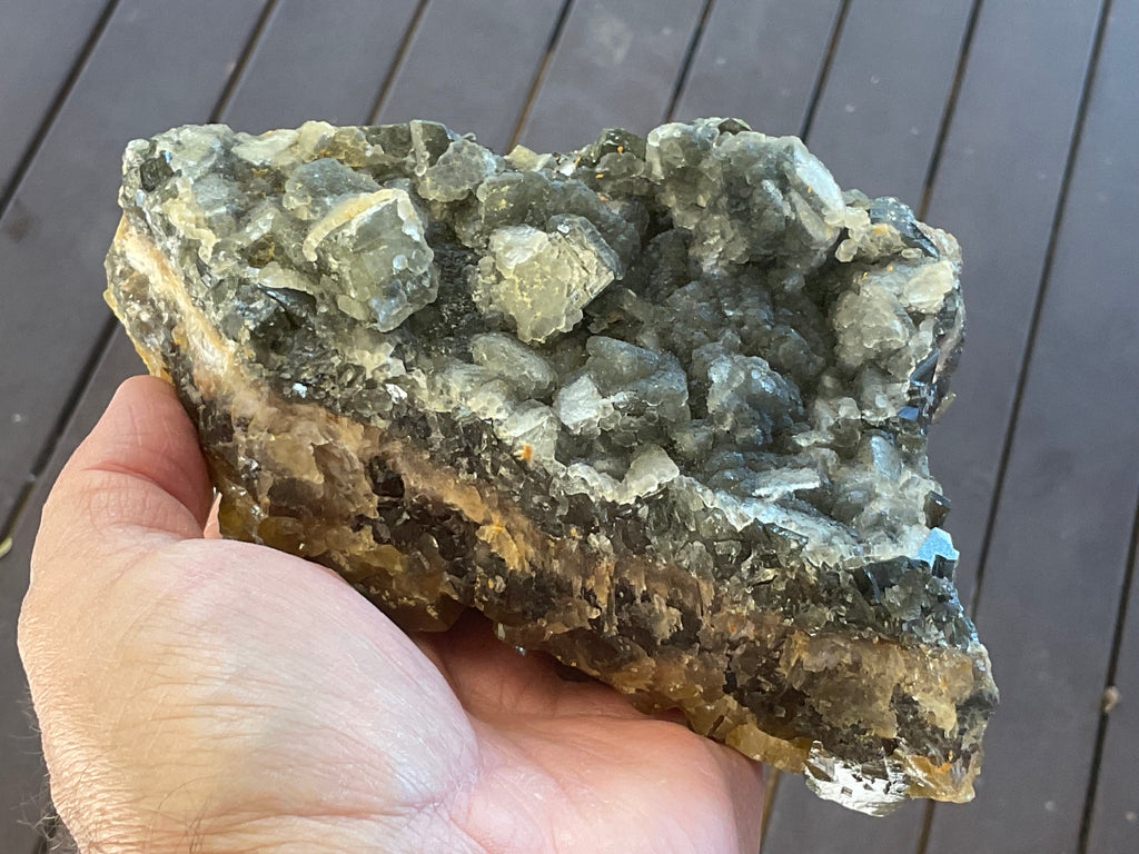 1162g Large Tabular Golden Baryte on Botryoidal Fluorite Specimen
