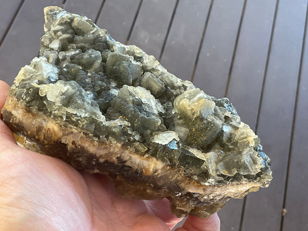 1162g Large Tabular Golden Baryte on Botryoidal Fluorite Specimen
