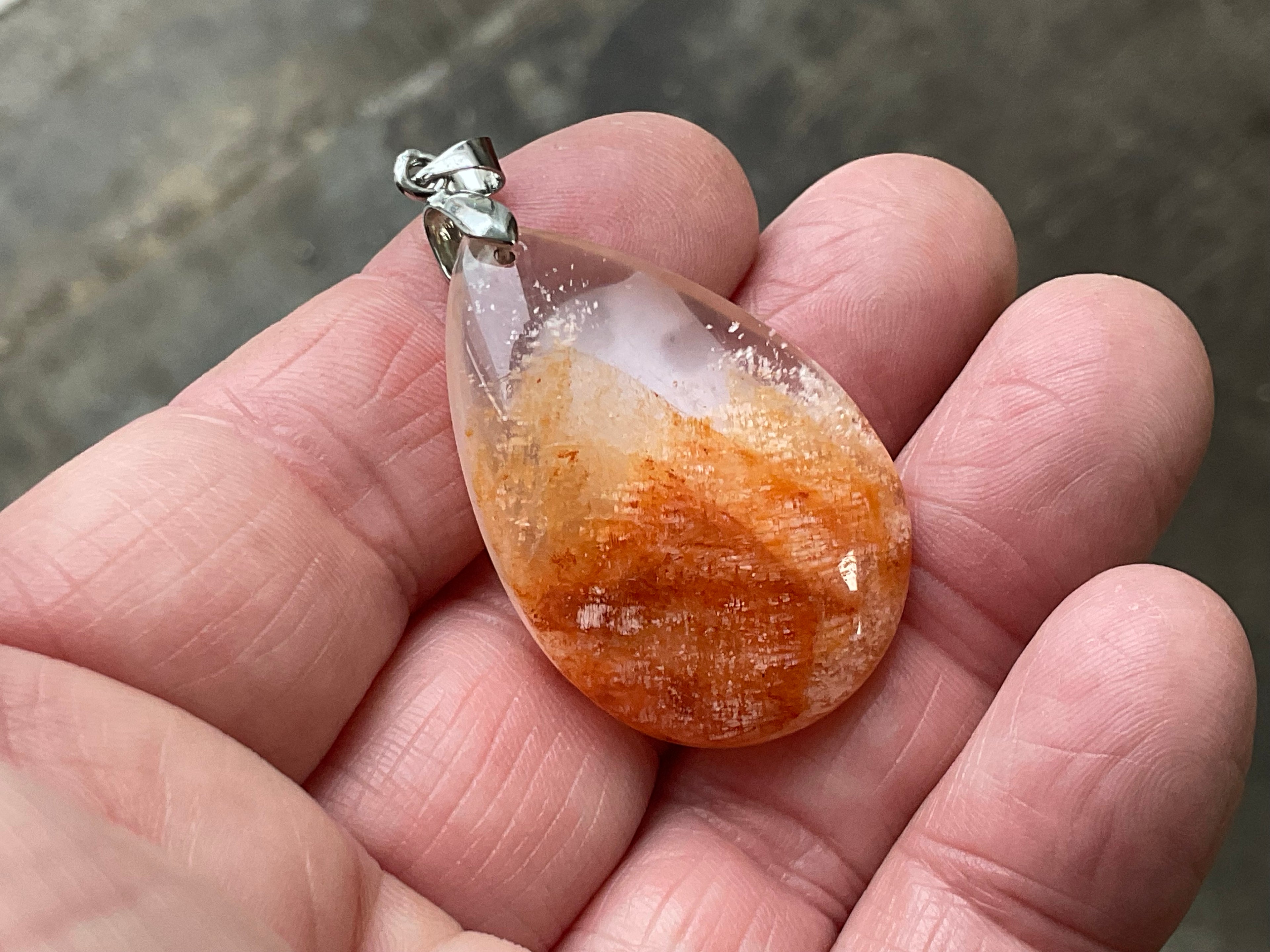 White Feather with Hematite Garden Quartz Pendant 1B