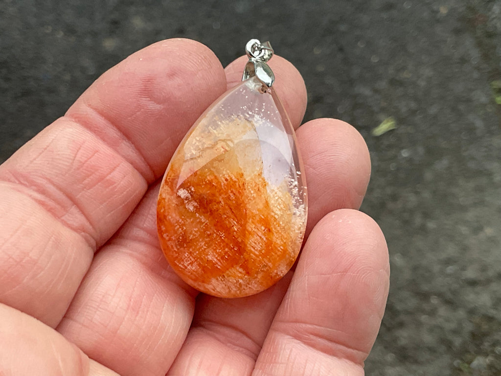 White Feather with Hematite Garden Quartz Pendant 1B