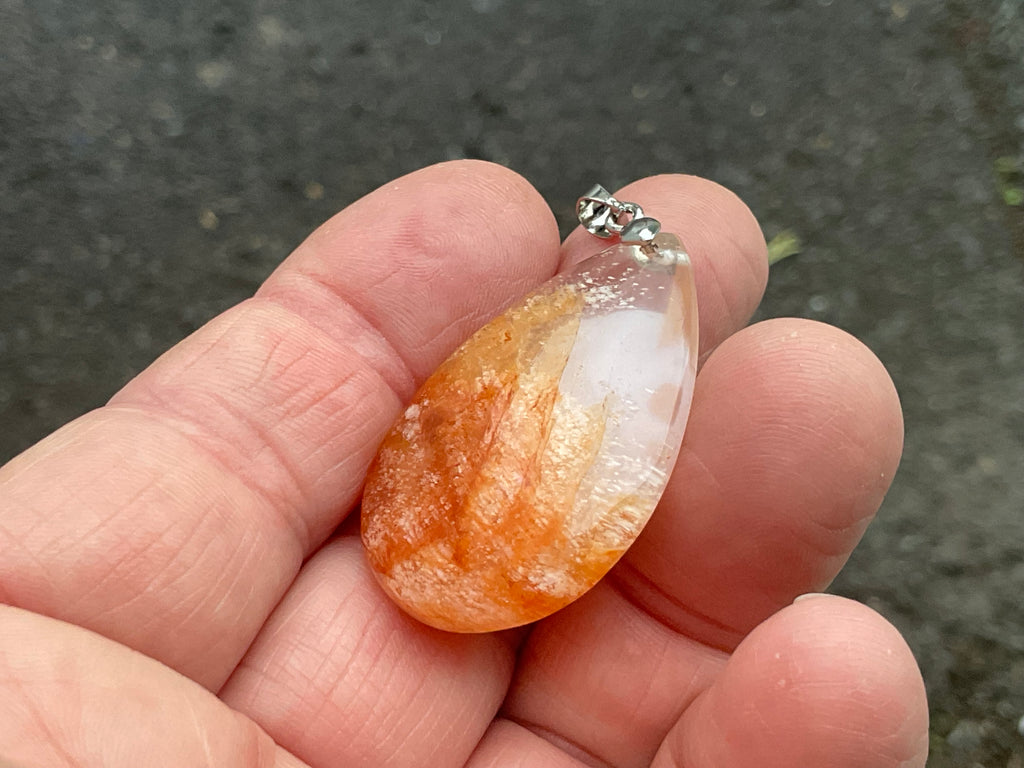 White Feather with Hematite Garden Quartz Pendant 1B