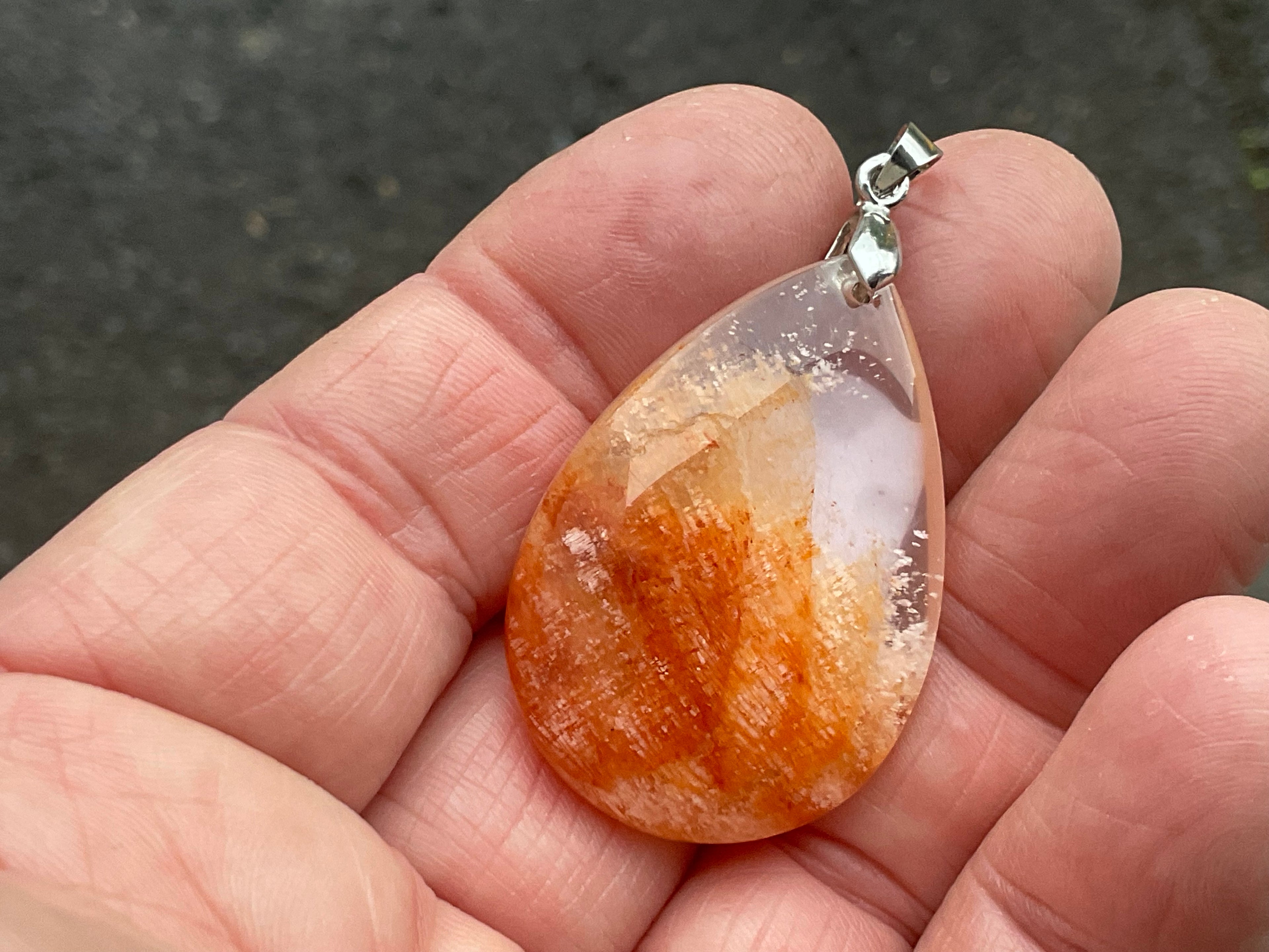 White Feather with Hematite Garden Quartz Pendant 1B