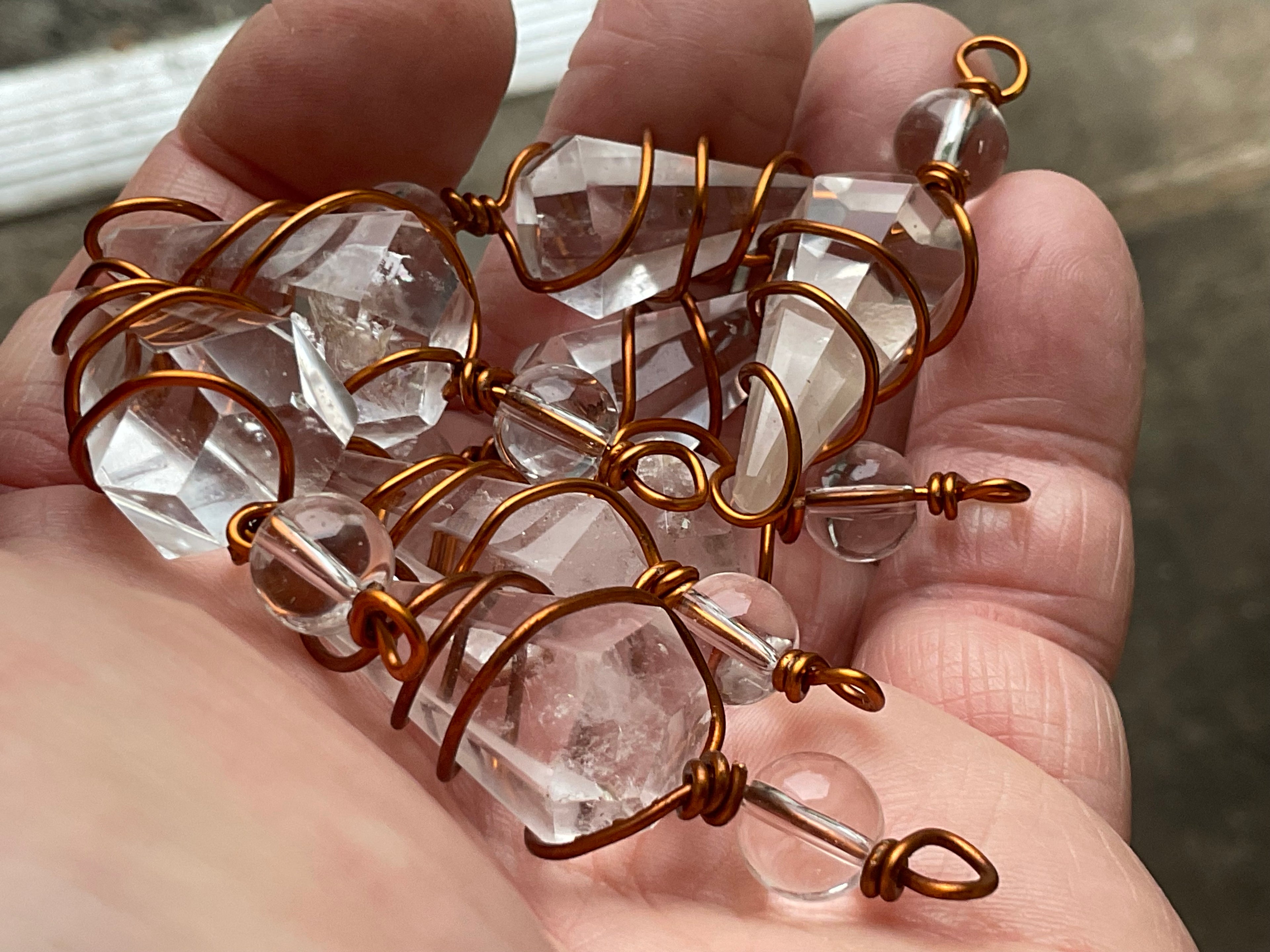 Clear Quartz Copper Wire Wrapped Pendulum Shaped Pendant 3D