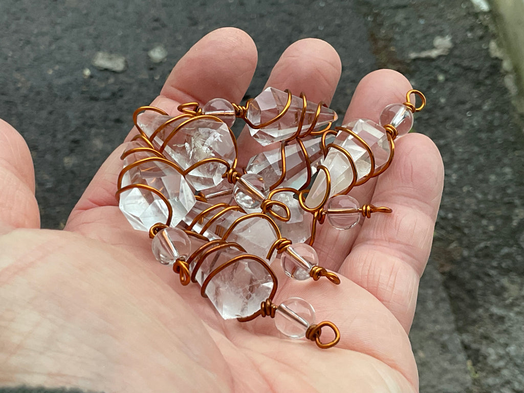 Clear Quartz Copper Wire Wrapped Pendulum Shaped Pendant 3D